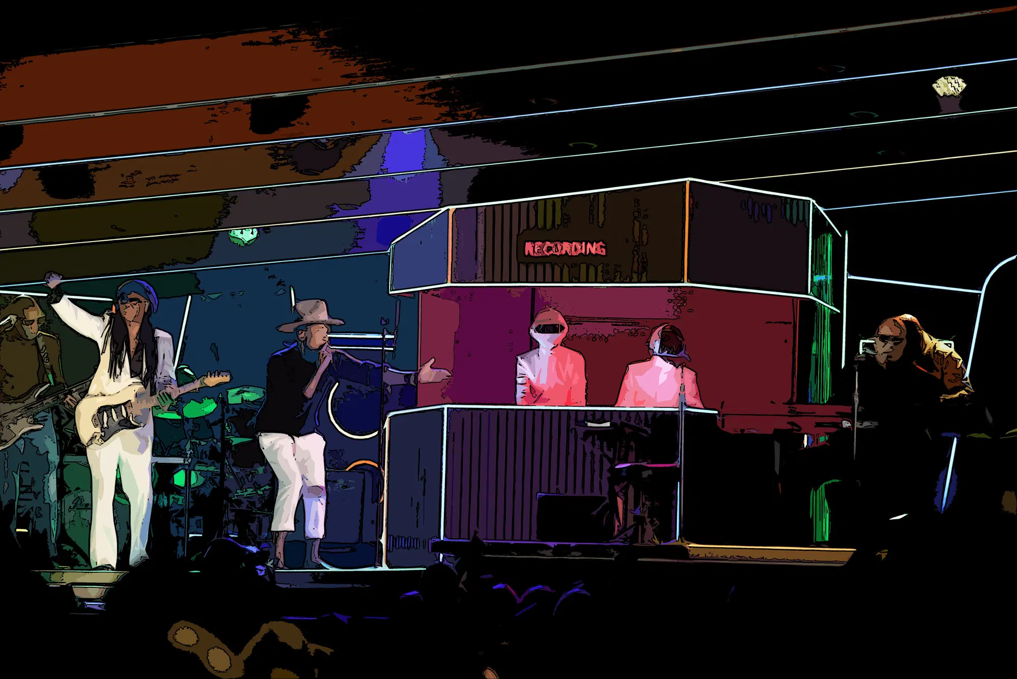  Nile Rodgers, Pharrell Williams, i Daft Punk e Stevie Wonder sul palco dei 56esimi Grammy Awards allo Staples Center di Los Angeles il 26 gennaio del 2014