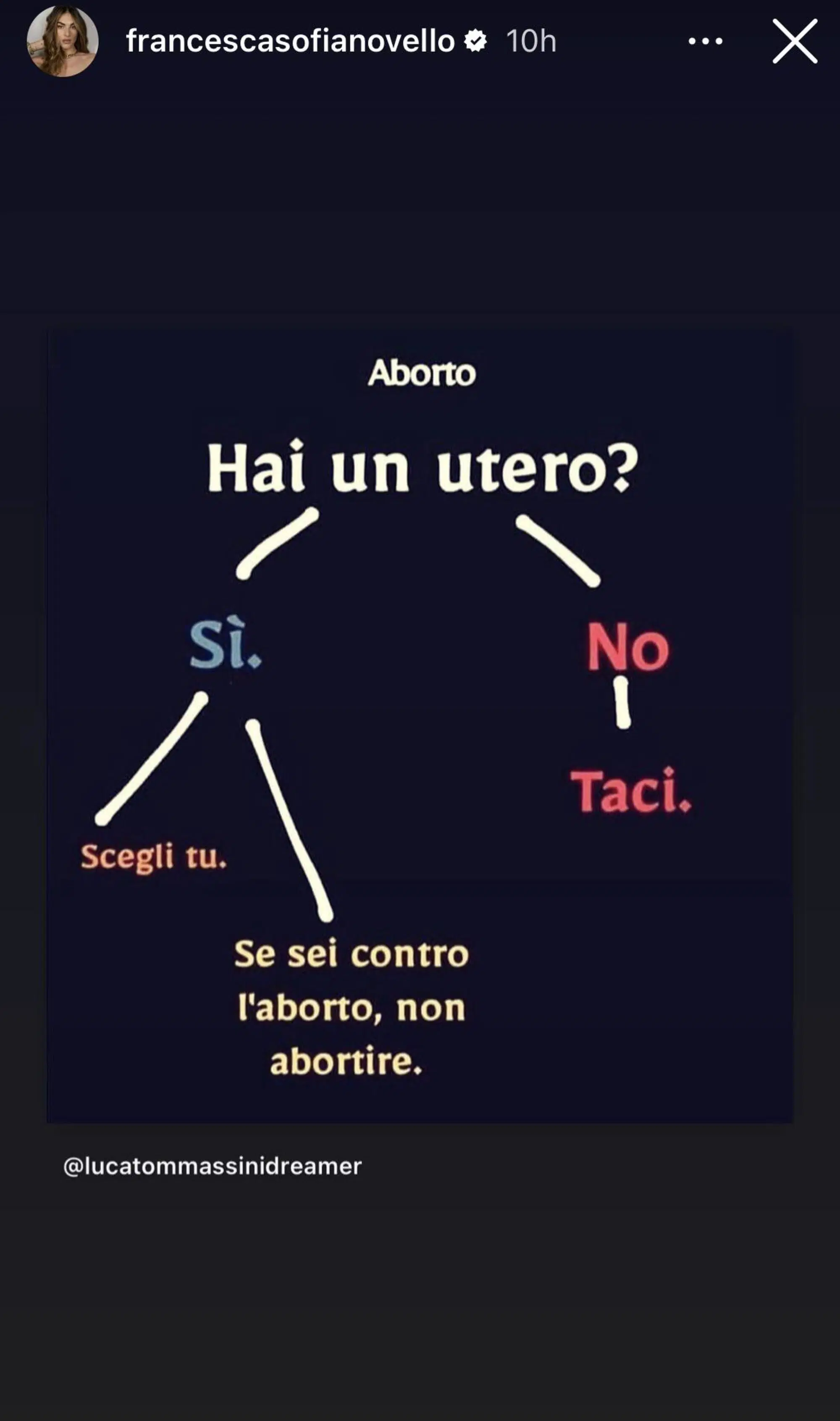 Francesca Sofia Novello sull'Aborto (via Instagram)