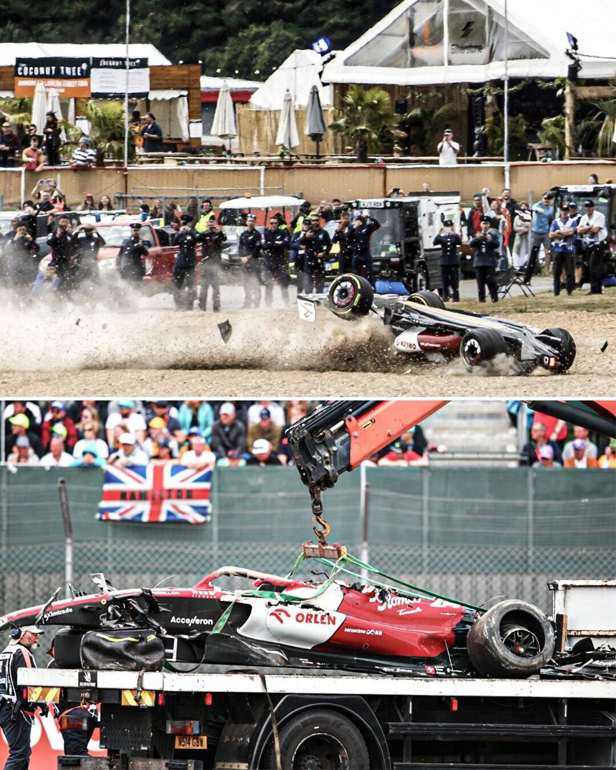 Il roll bar della monoposto di Zhou completamente distrutto dall'incidente