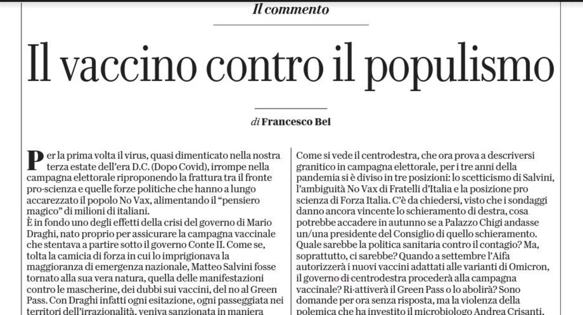 L'articolo di Bei su Repubblica
