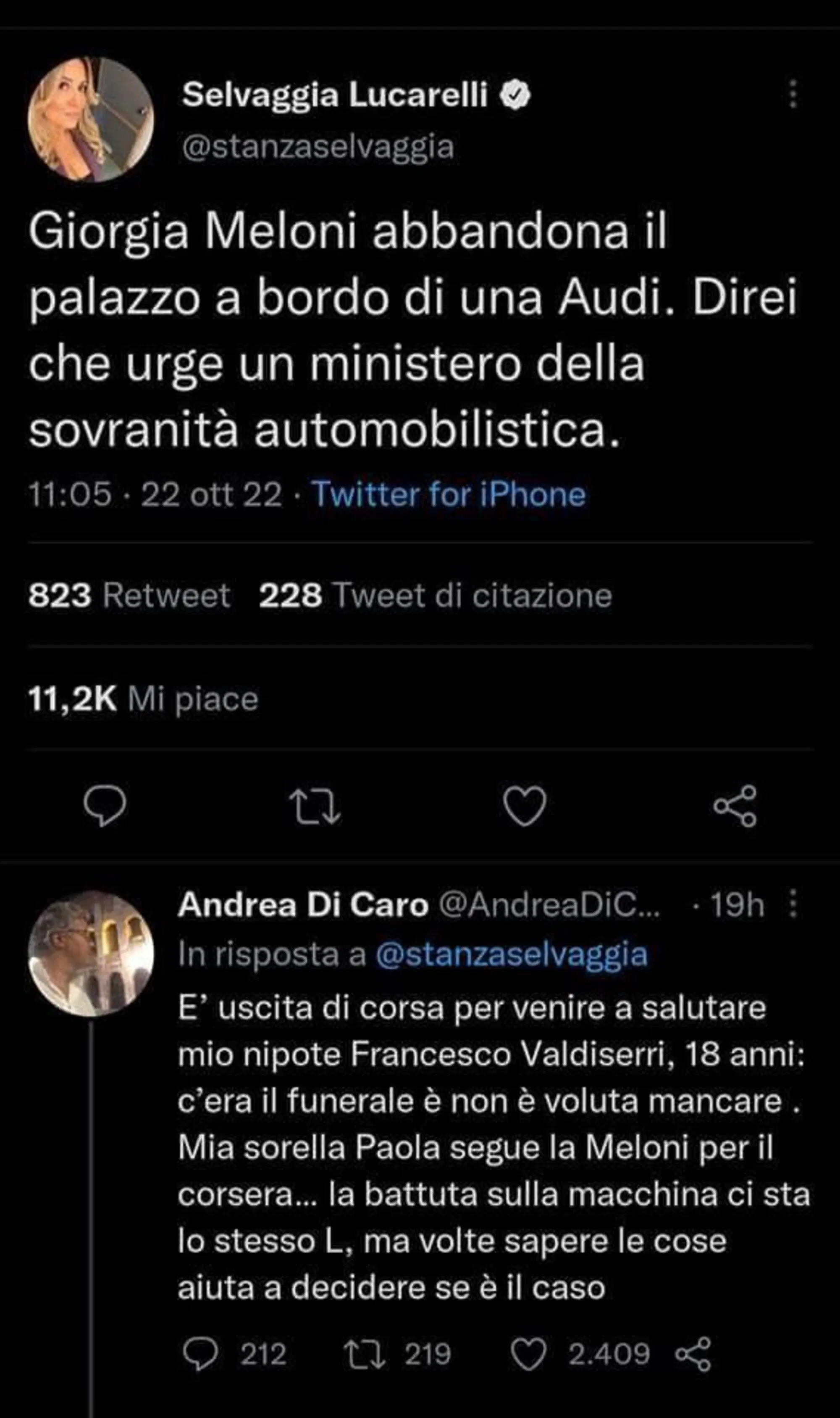 Lucarelli contro Meloni e risposta di Di Caro