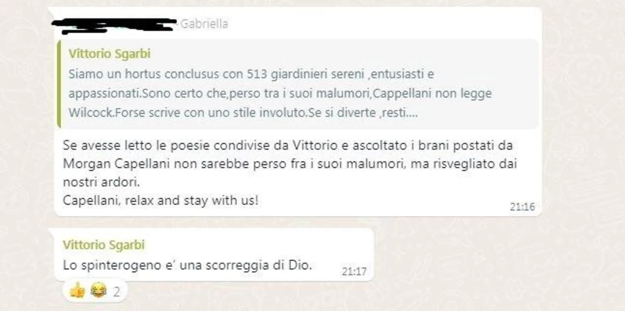L'incursione di Ottavio Cappellani nella chat Rinascimento e Dissoluzione di Sgarbi e Morgan