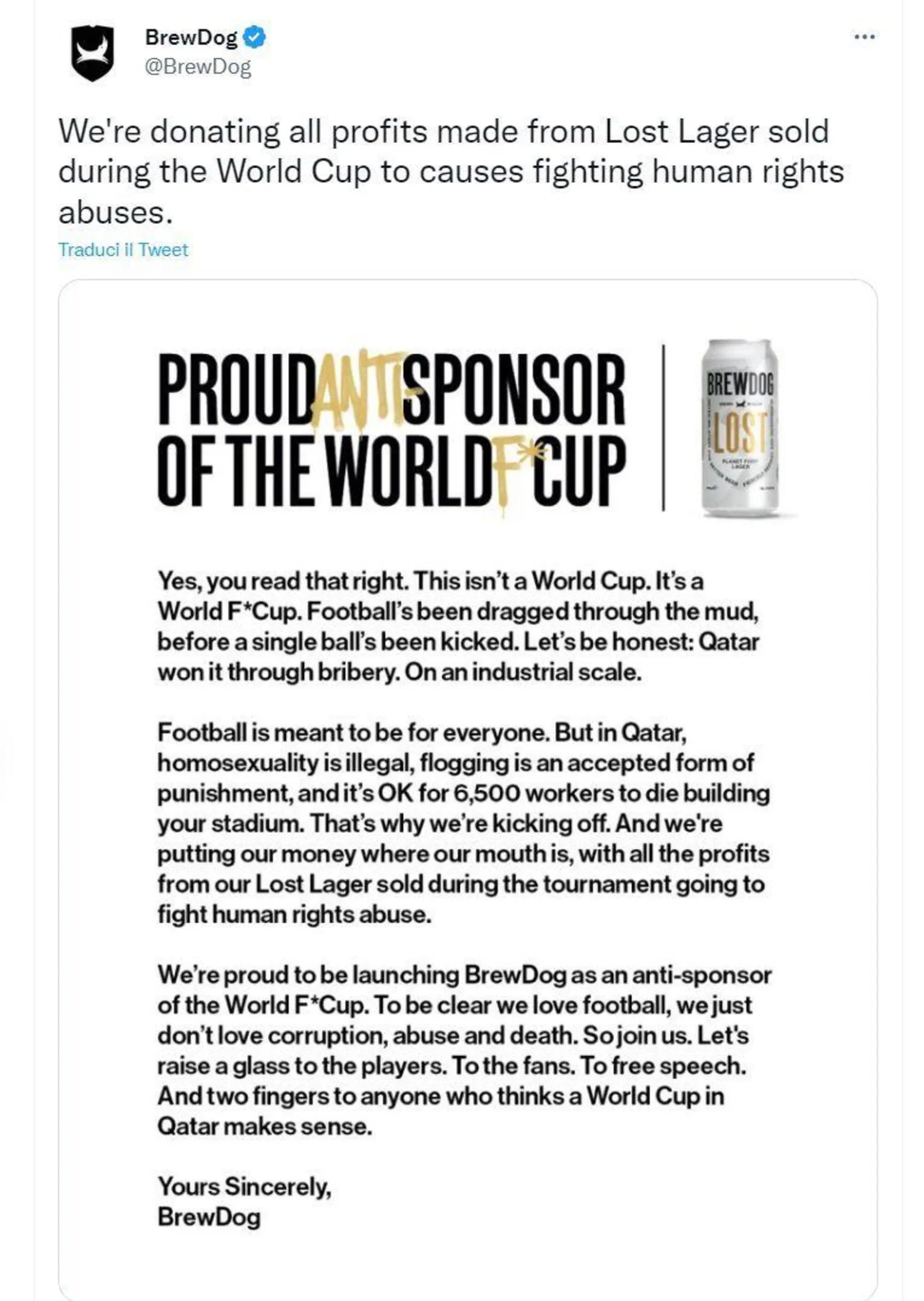 L'antisponsor di Qatar 2022, Brewdog