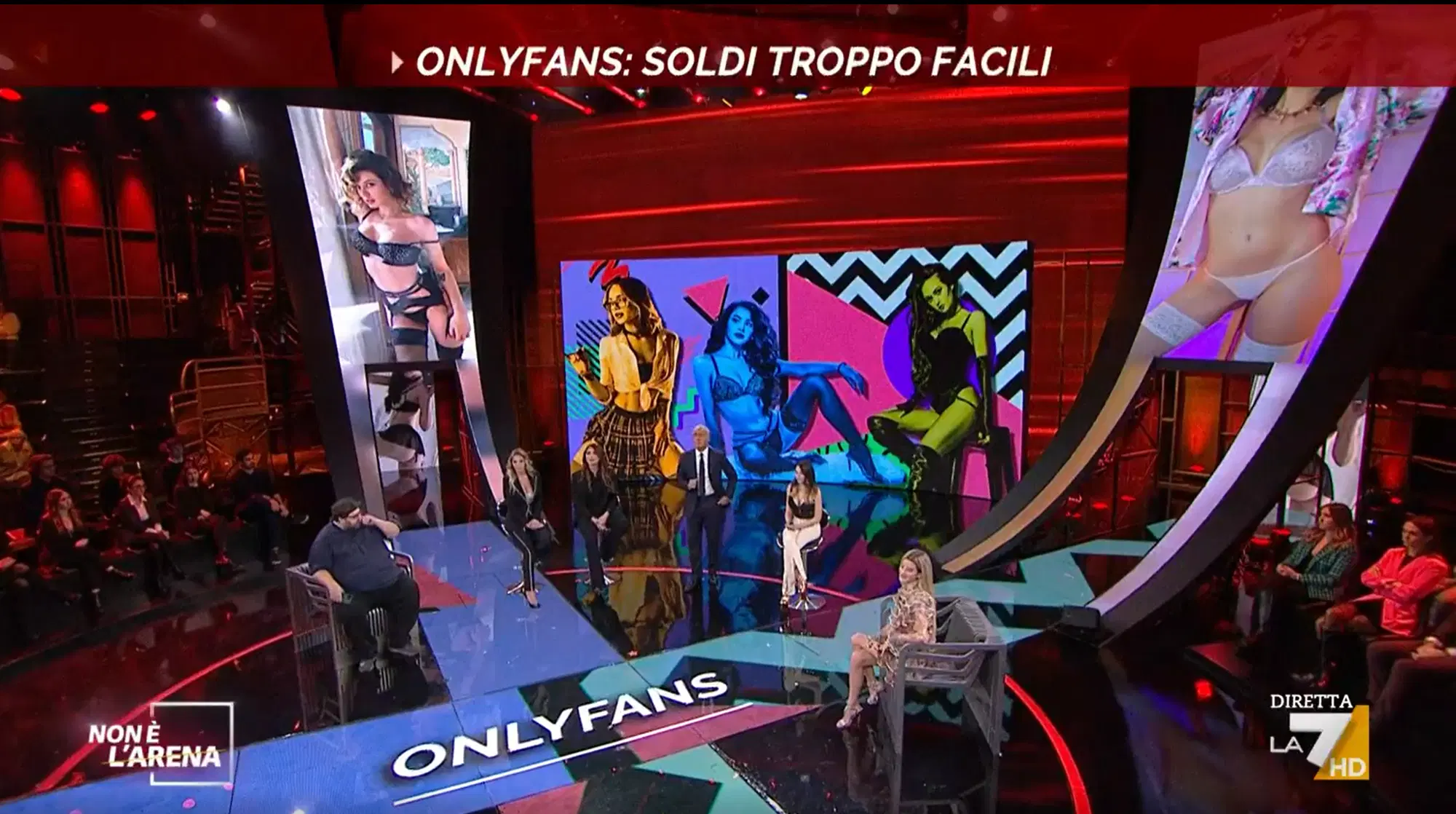 Mario Adinolfi a Non &egrave; l'Arena con le "creator" di Onlyfans