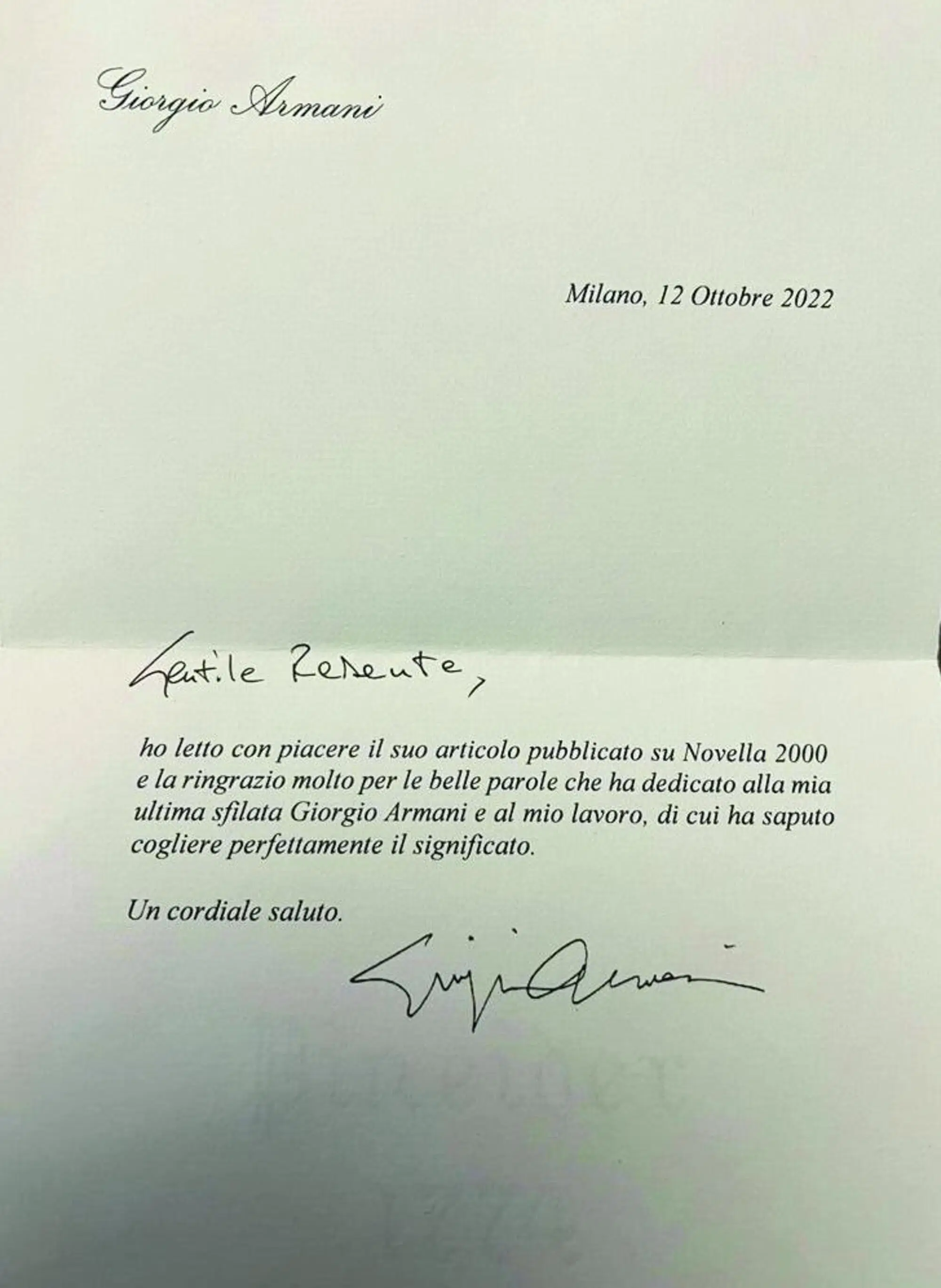 Il ringraziamento di Giorgio Armani
