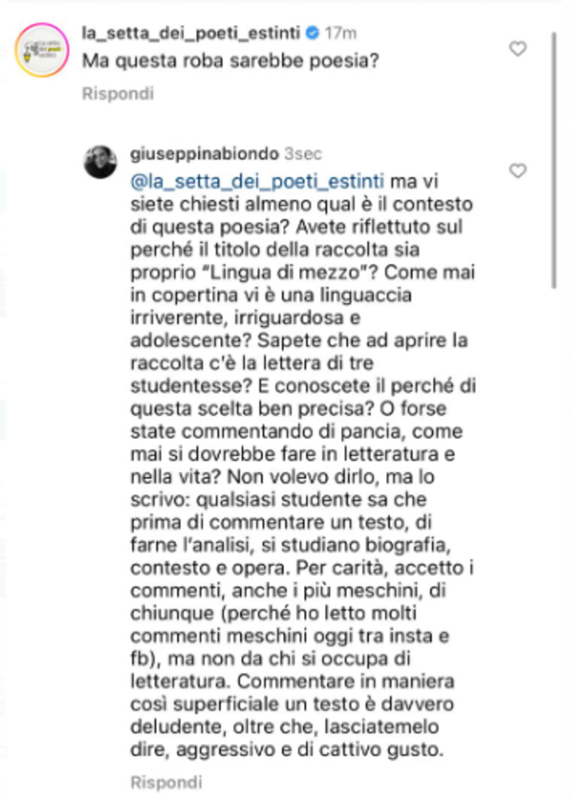 Il commento della Setta dei poeti estinti e la risposta dell'autrice