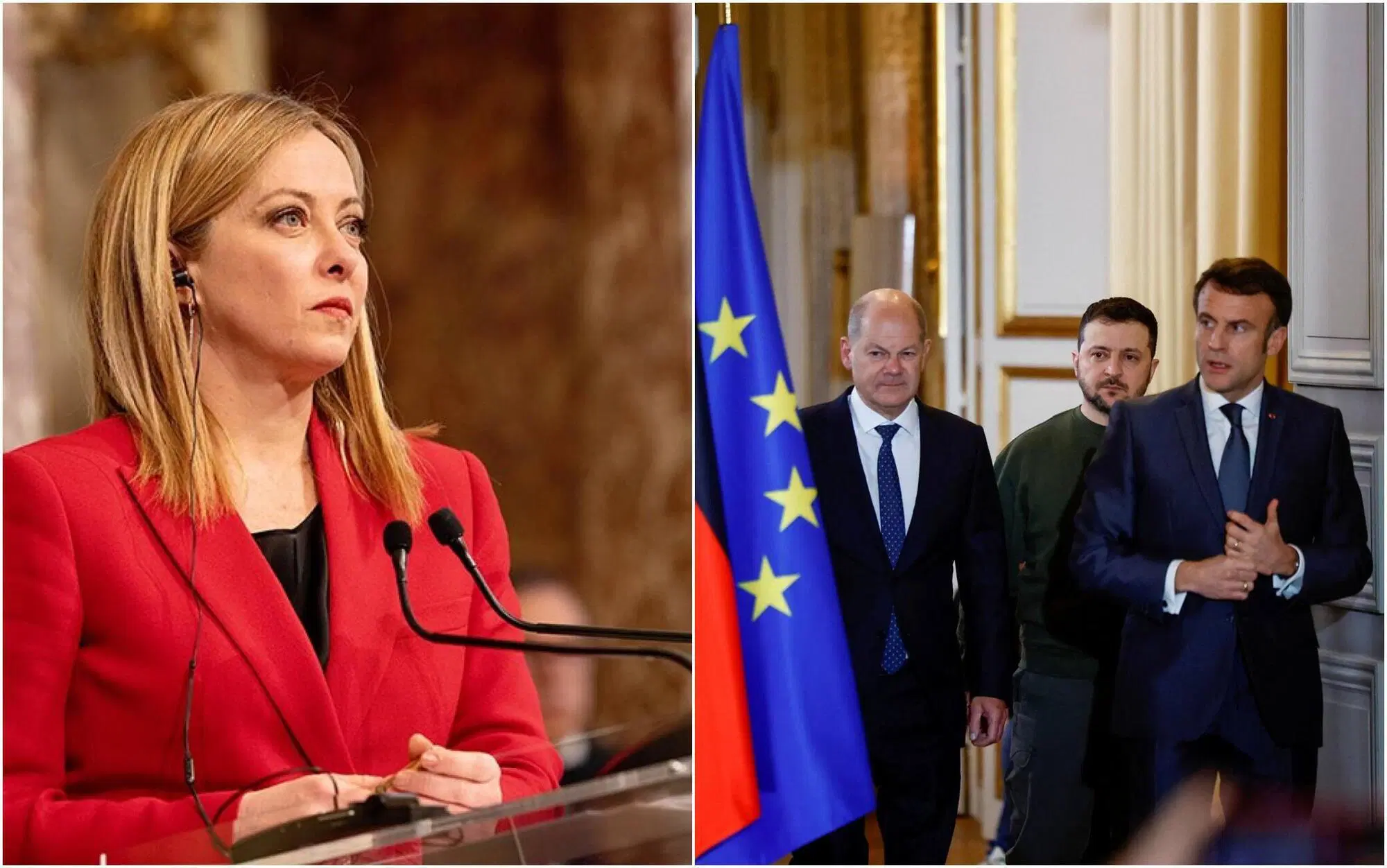 Meloni e, a destra, l'incontro tra Scholz, Macron e Zelensky