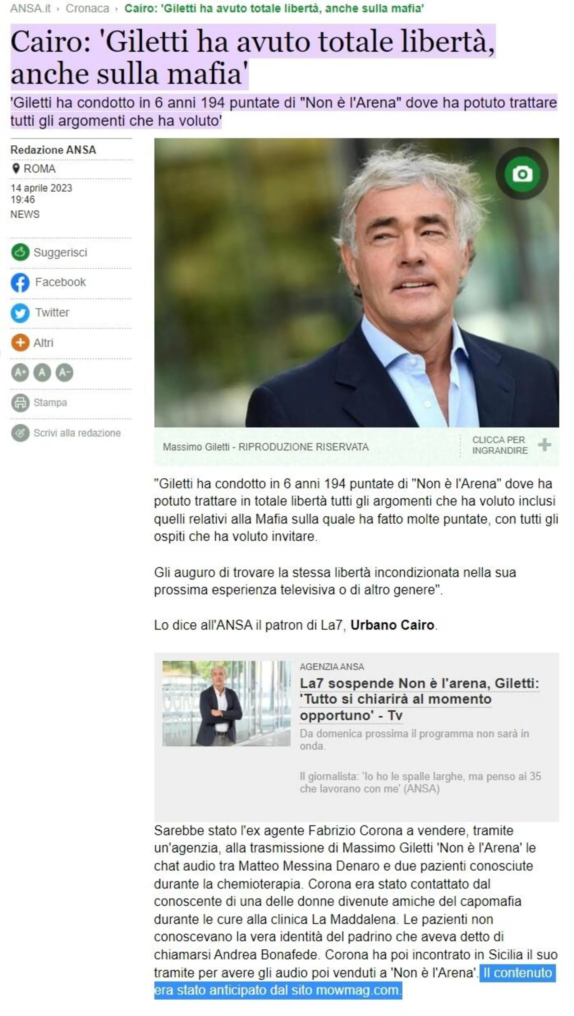 L'Ansa su Giletti e su MOW