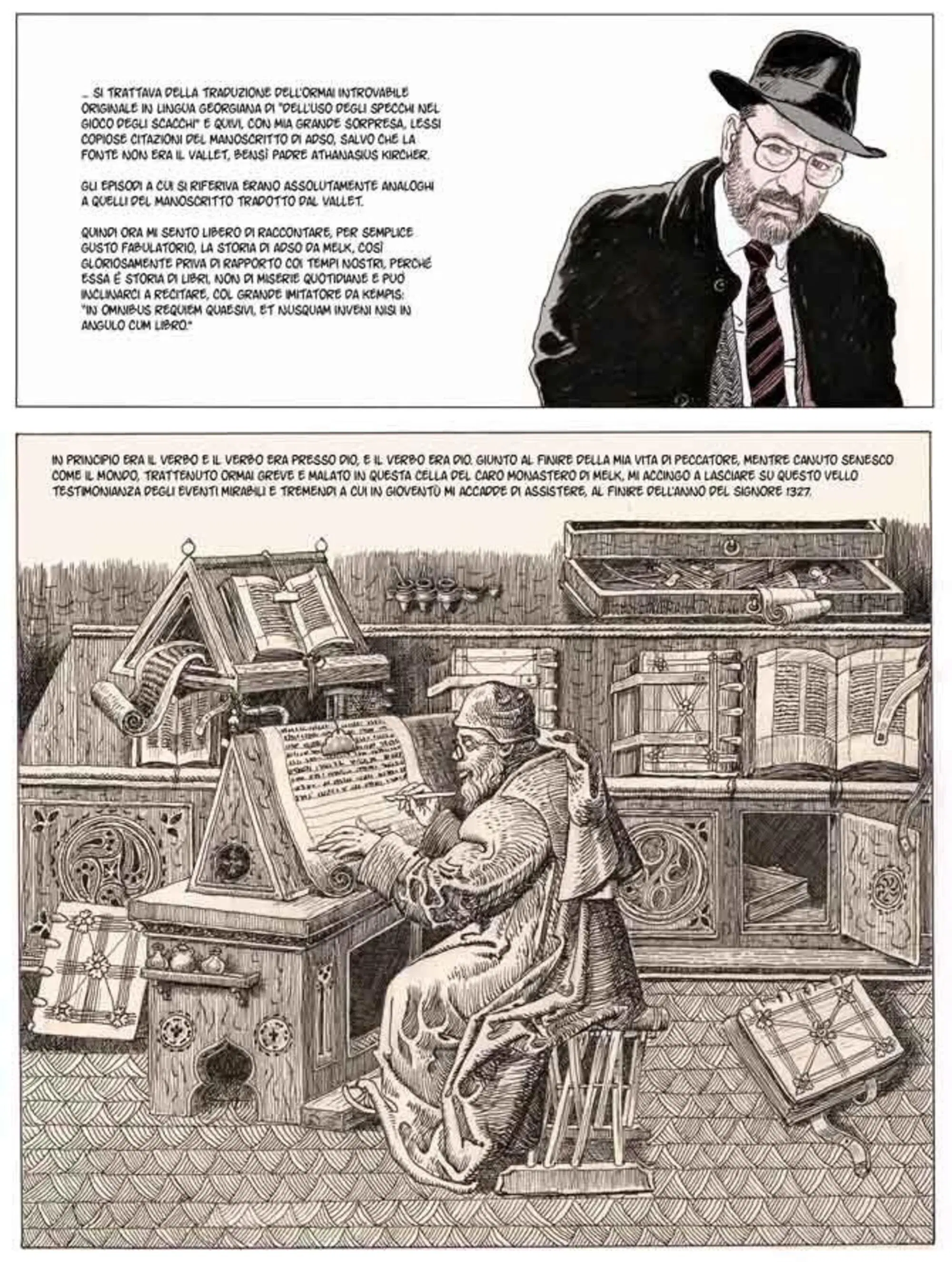 Una pagina de "Il nome della rosa" nell'adattamento fumettistico di Milo Manara