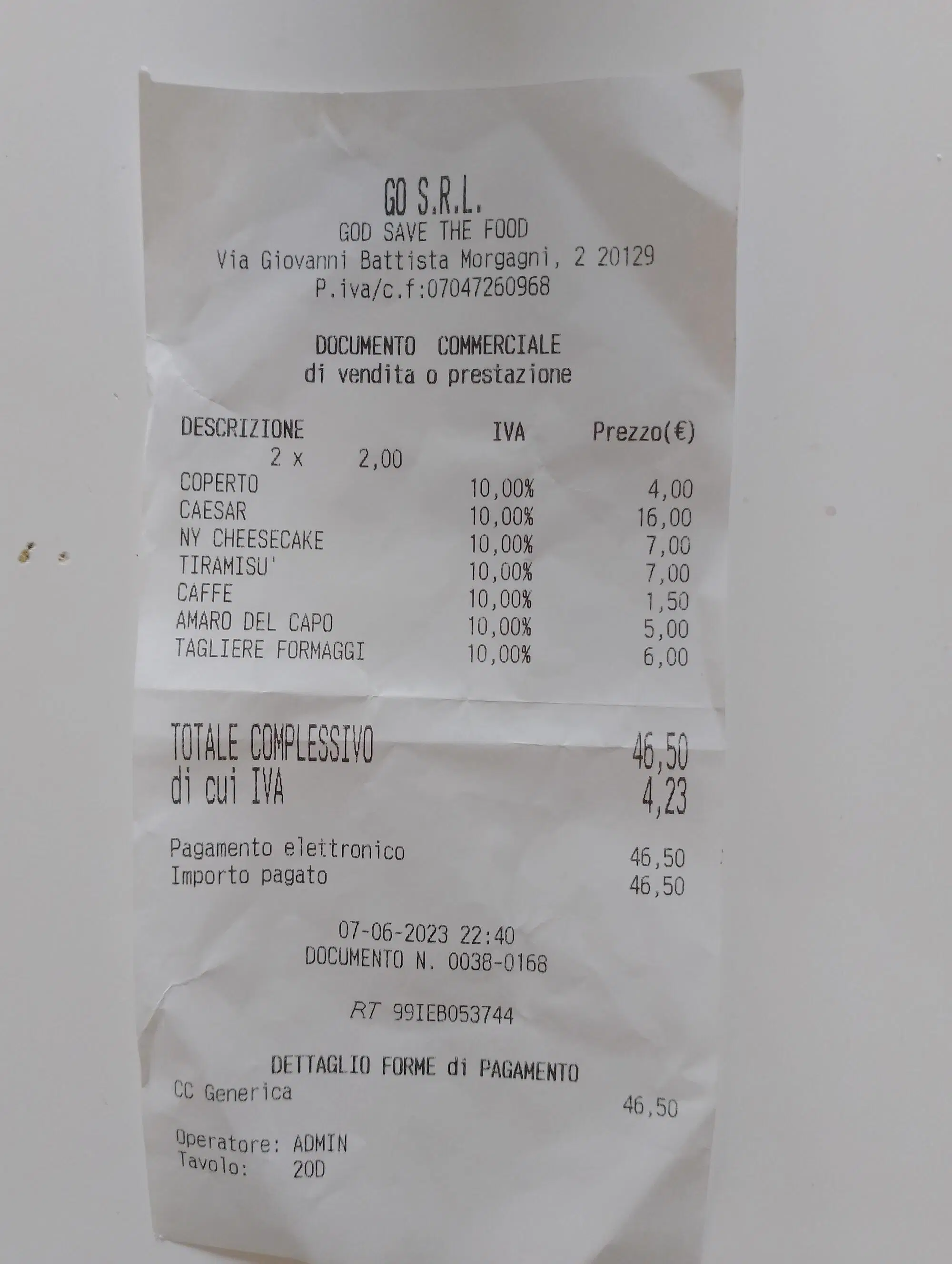Il nostro scontrino dopo aver provato il God Save the Food