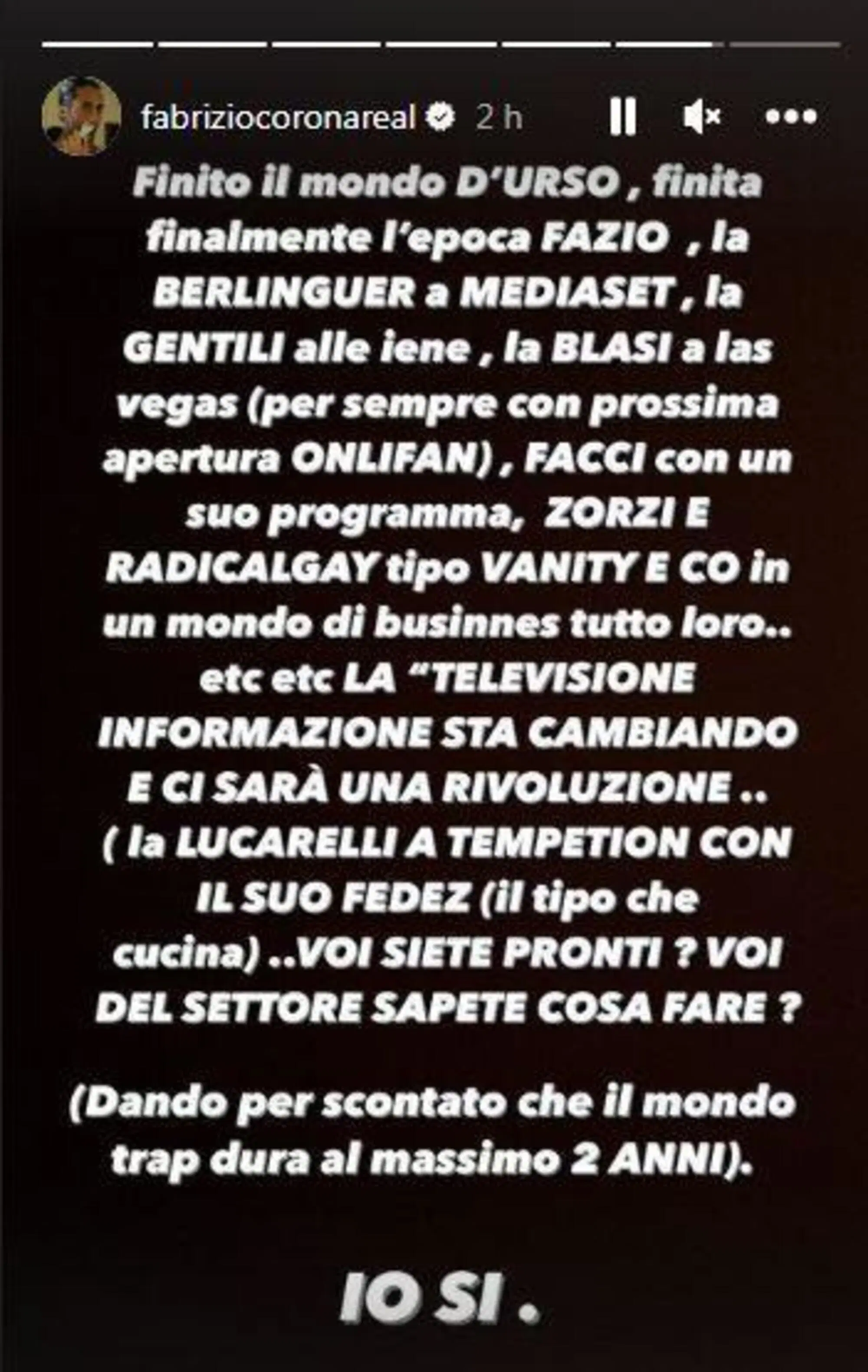 La storia Instagram di Fabrizio Corona con l'indiscrezione su Ilary Blasi