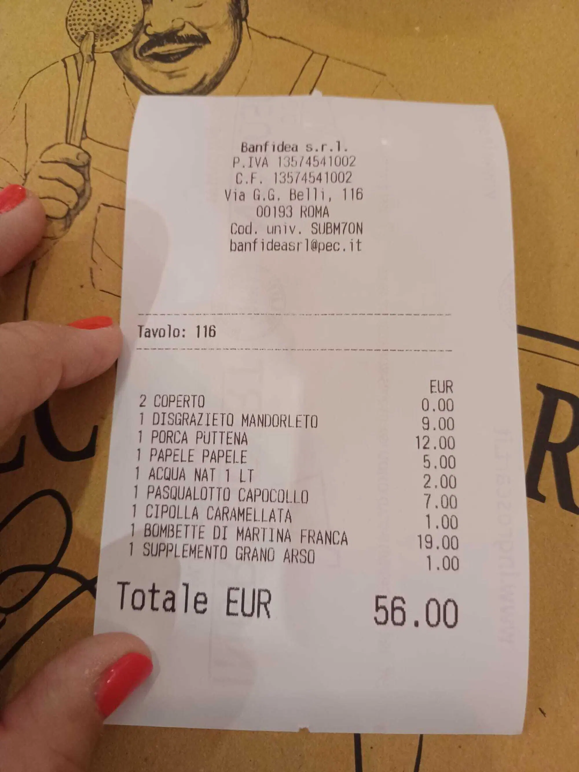 Il conto alll'Orecchietteria Banfi di Roma