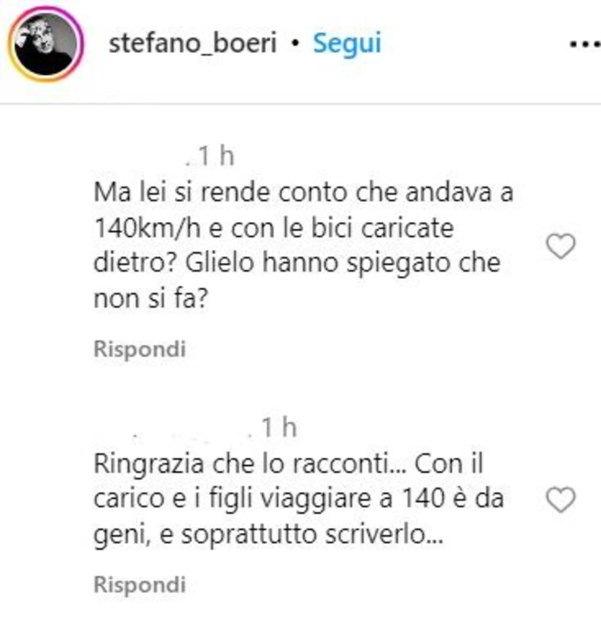 "Ma lei si rende conto che andava a 140km/h e con le bici caricate dietro?"