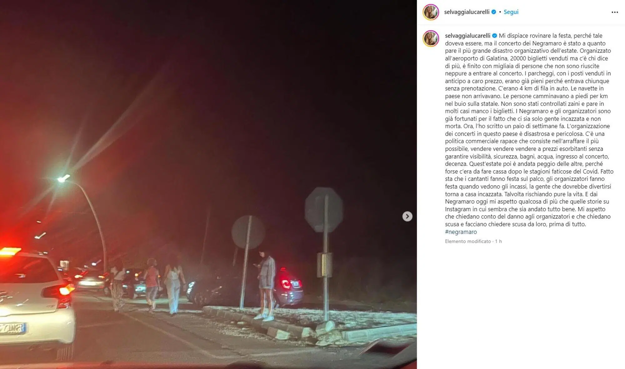 Il post contro l'organizzazione del concerto dei Negramaro di Selvaggia Lucarelli