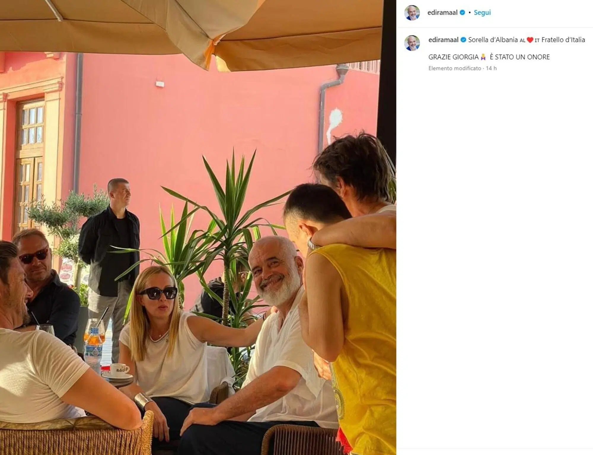 Il post di Rama con Meloni su Instagram: "Sorella d&rsquo;Albania, Fratello d&rsquo;Italia. GRAZIE GIORGIA, &Egrave; STATO UN ONORE"