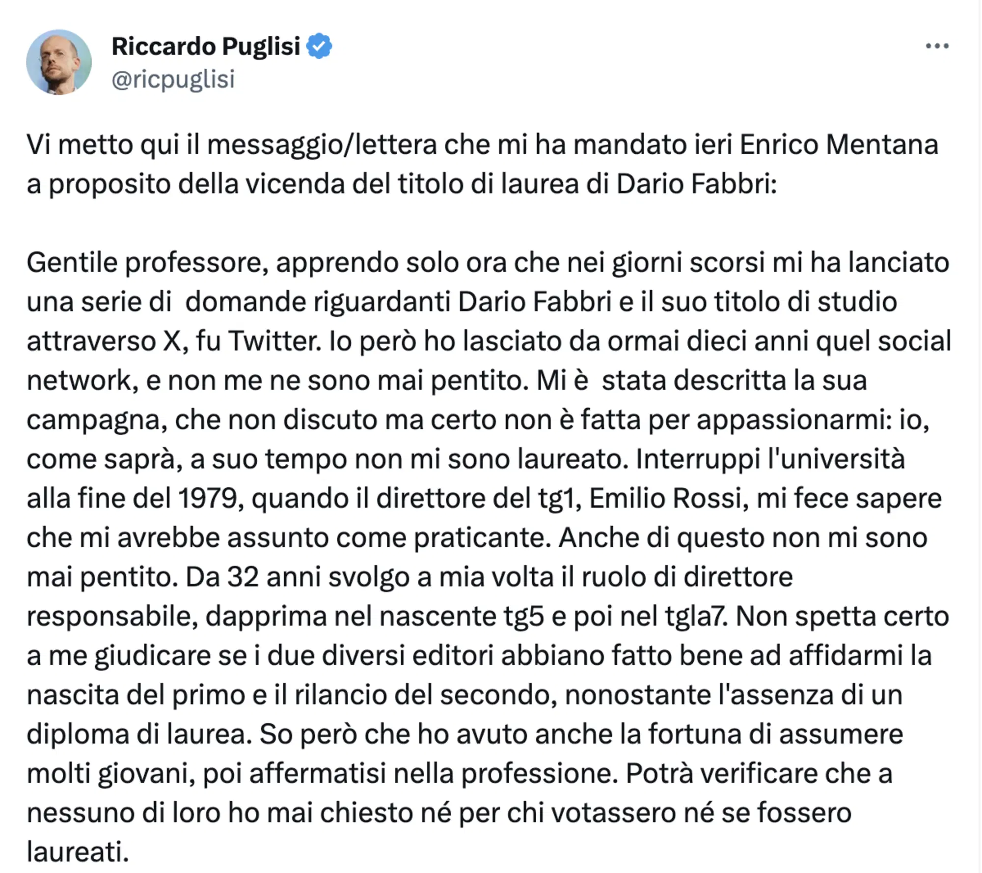 Il tweet di Riccardo Puglisi con la lettera di Mentana