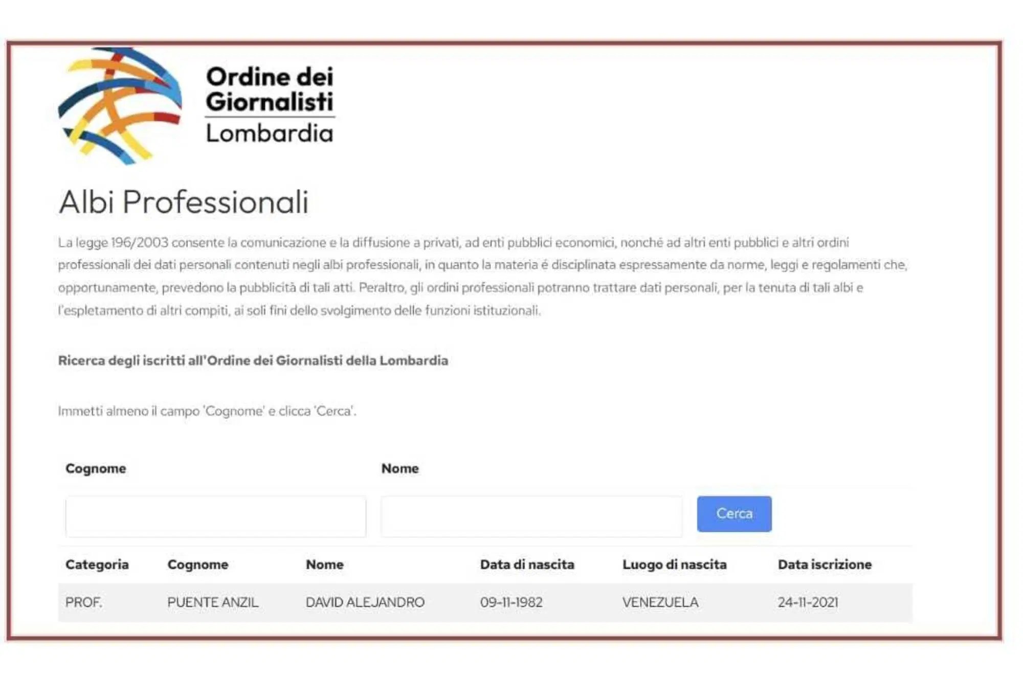 L'Ordine dei giornalisti della Lombardia dove David Puente compare