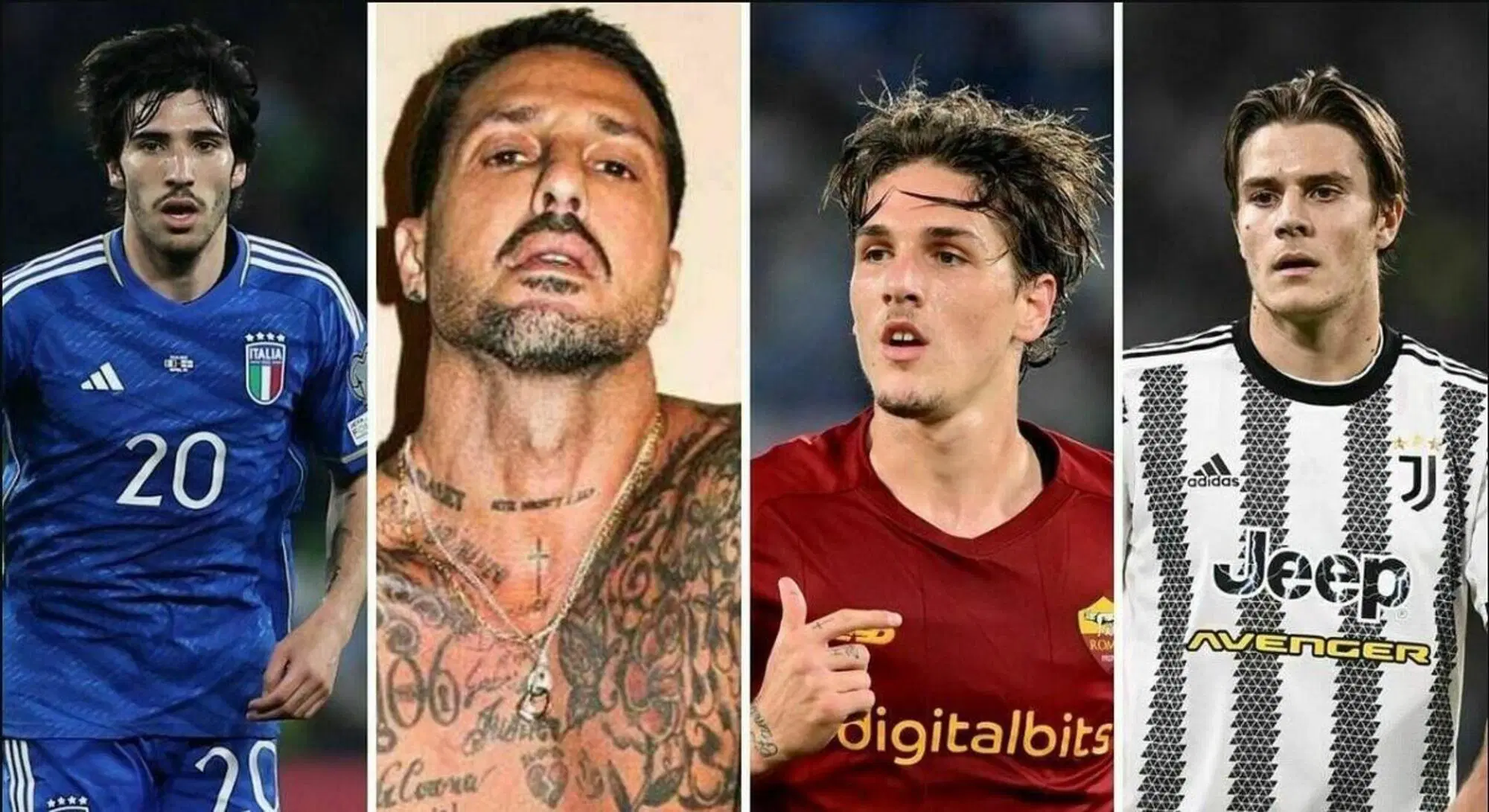 Al centro Fabrizio Corona che ha fatto esplodere lo scandalo (e l'inchiesta) sul Calcioscommesse in cui sono coinvolti Sandro Tonali, Nicol&ograve; Fagioli e Nicol&ograve; Zaniolo
