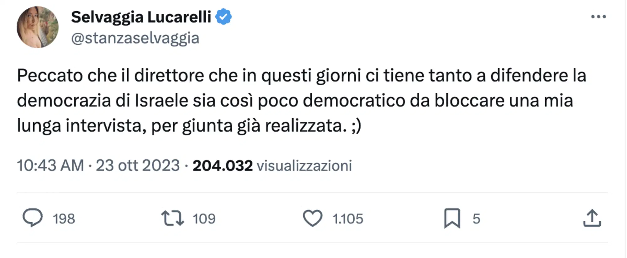 Il tweet di Selvaggia Lucarelli sull'intervista sospesa