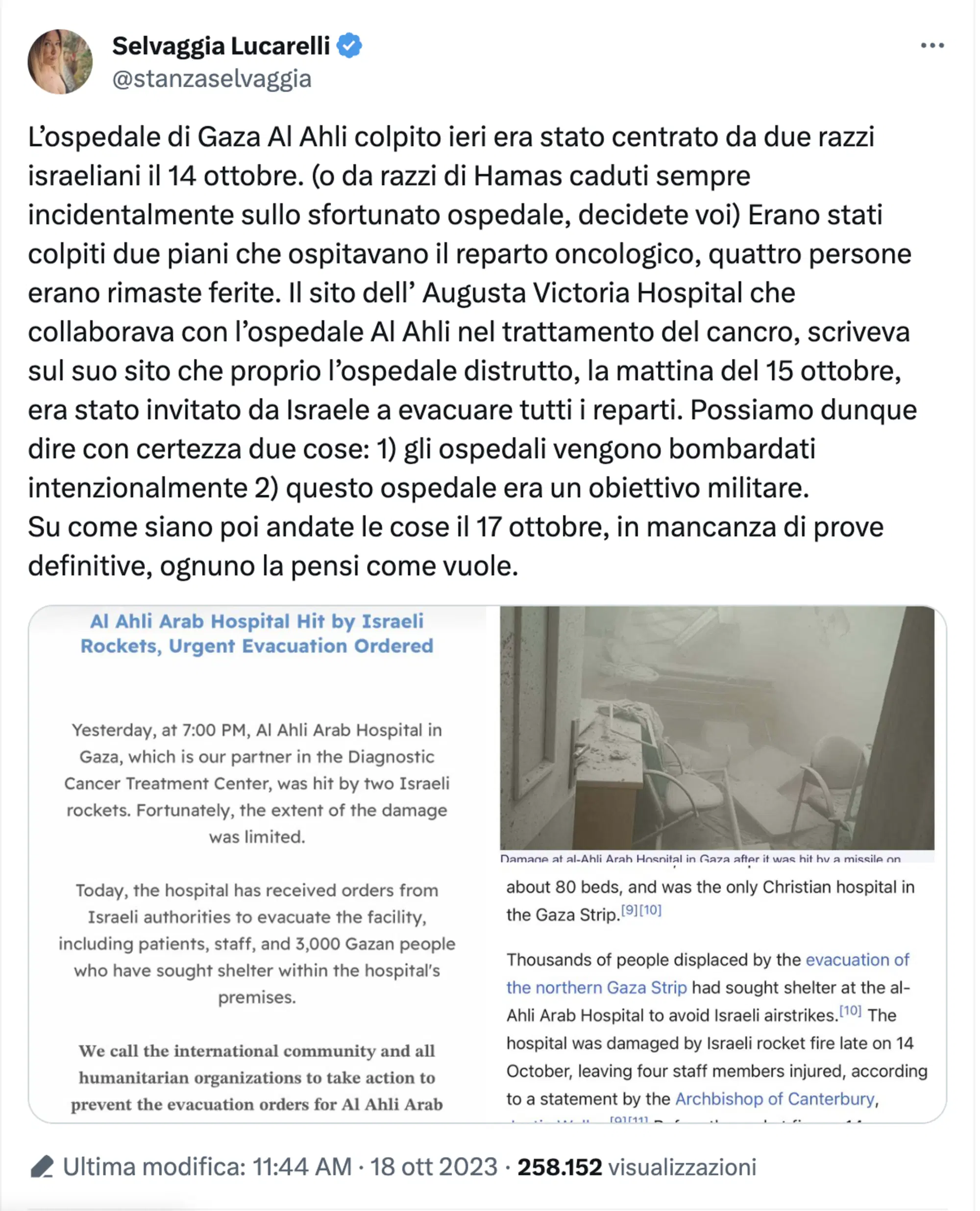 Il tweet di Selvaggia Lucarelli sull'ospedale di Gaza