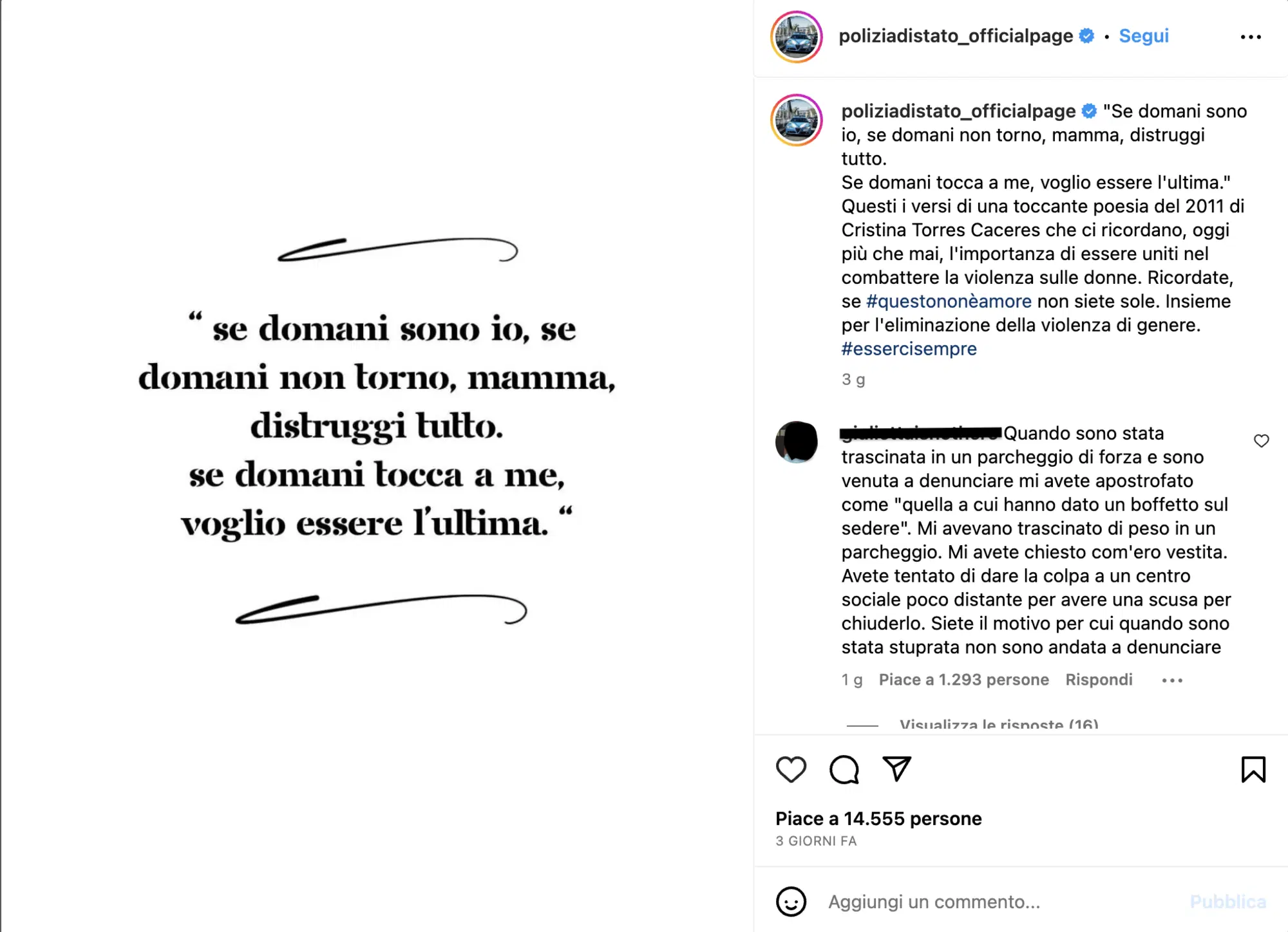 Il post della Polizia di Stato