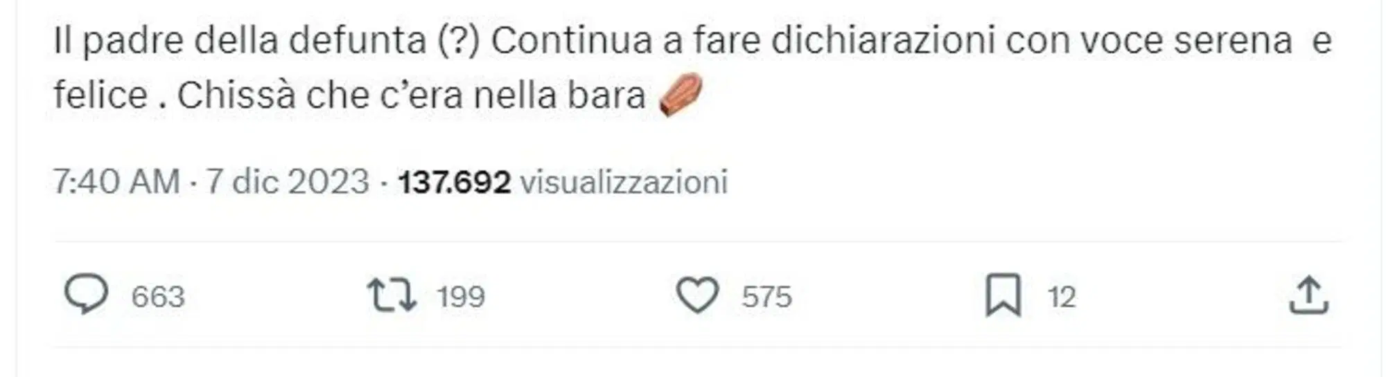 "Il padre della defunta (?) continua a fare dichiarazioni con voce serena e felice. Chiss&agrave; che c&rsquo;era nella bara"