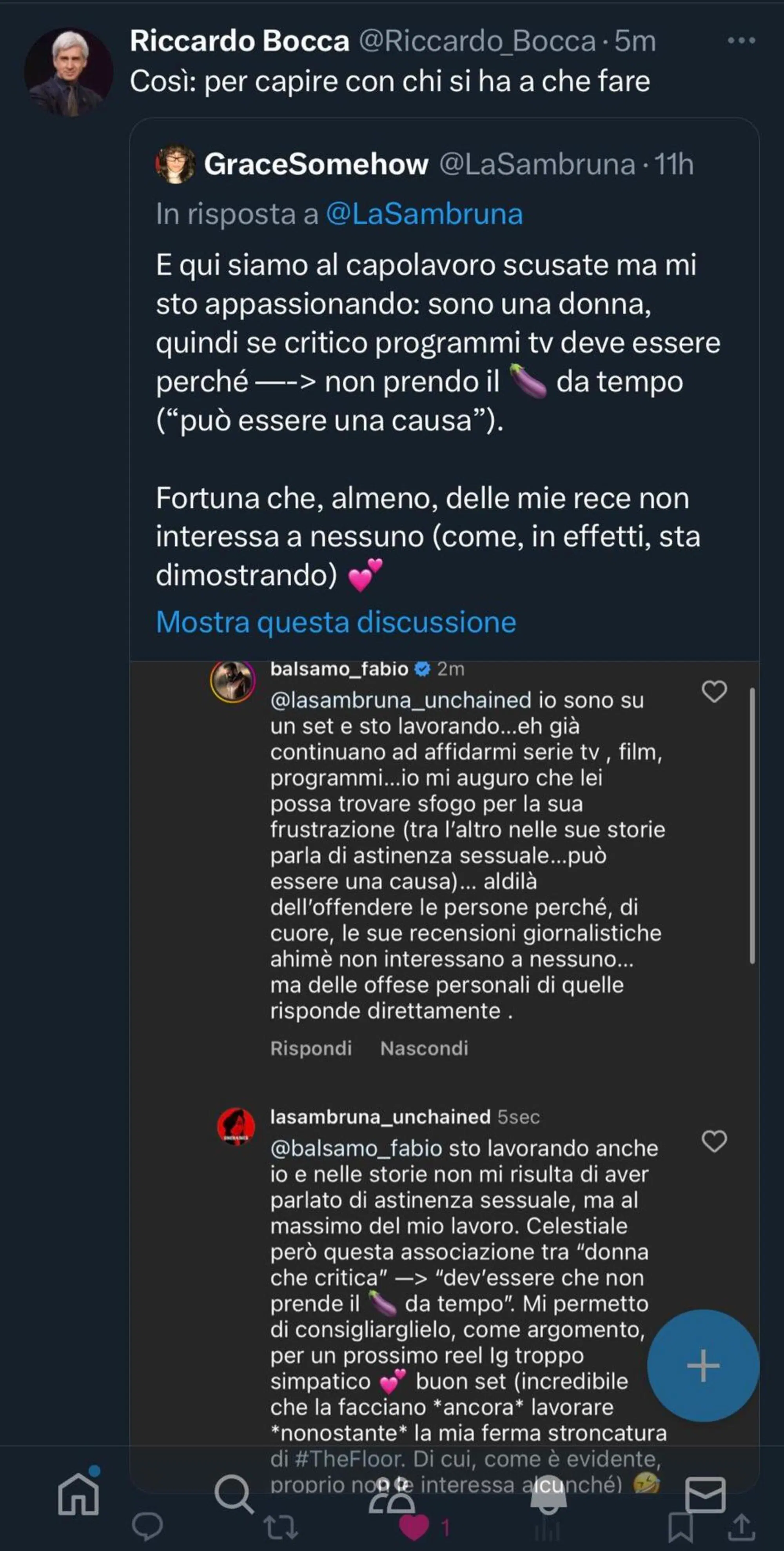 Il commento di Fabio Balsamo a Grazia Sambruna ripreso dal critico televisivo Riccardo Bocca