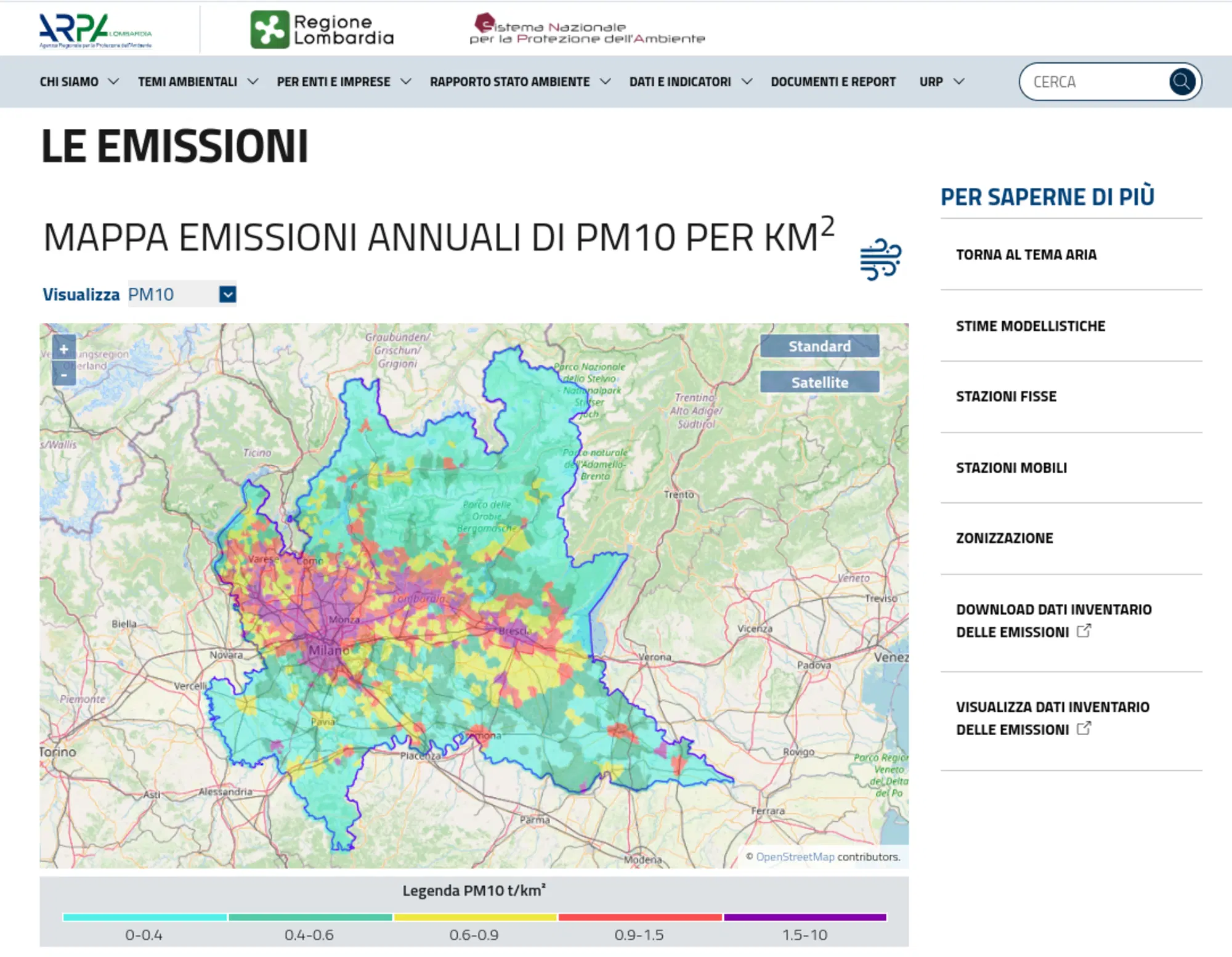 La mappa delle emissioni del sito dell'Arpa Lombardia 