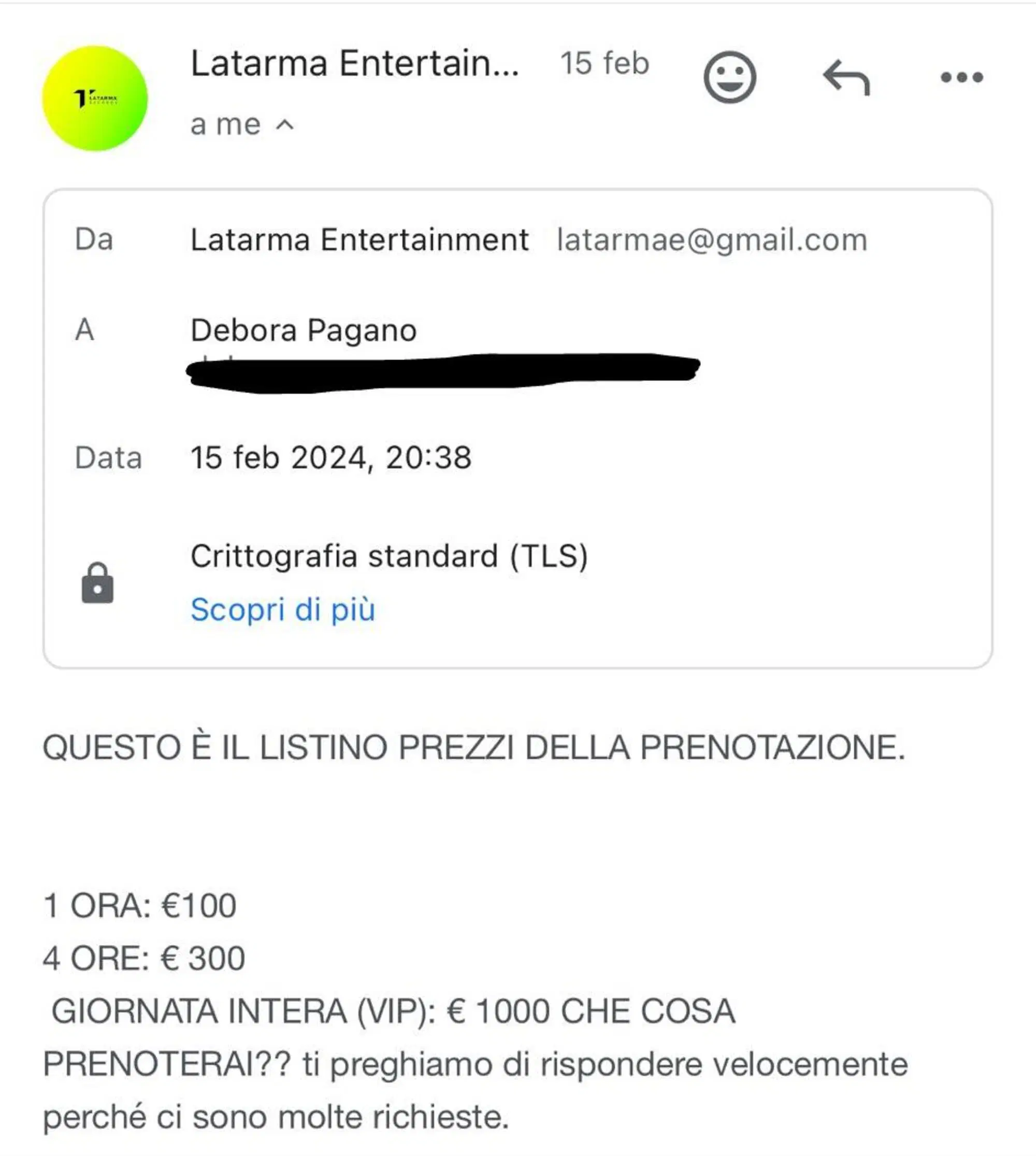 La mail con il listino prezzi dell'etichetta fake riferita a Marta Don&agrave;