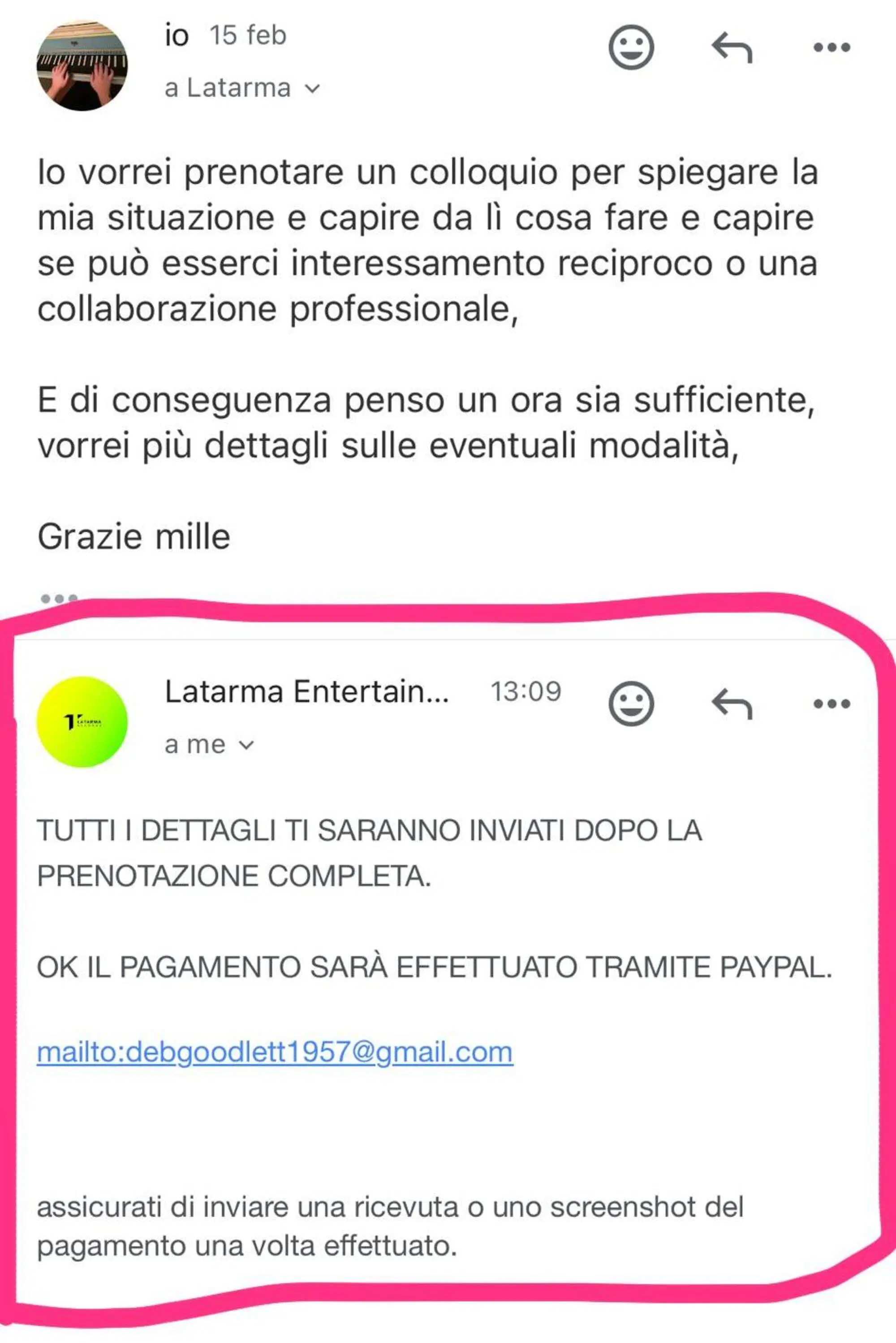 Le modalit&agrave; di pagamento del profilo fake riferito all'etichetta di Marta Don&agrave;