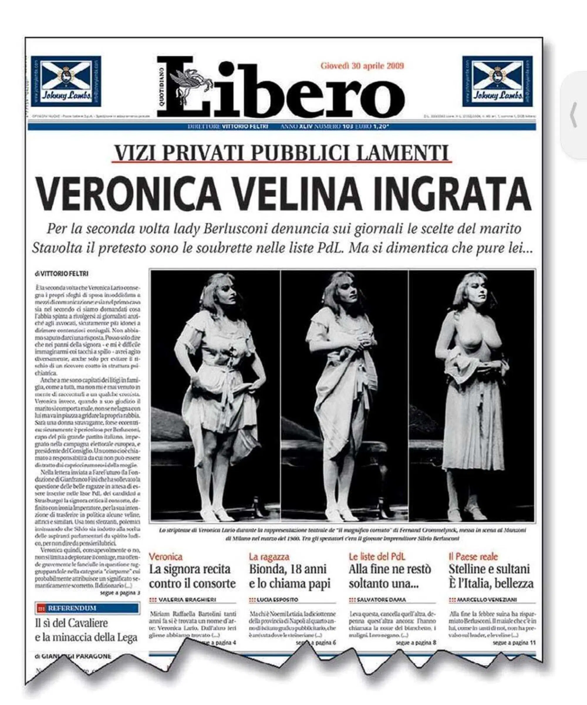La prima pagina di Libero del 30 aprile 2009 contro Veronica Lario