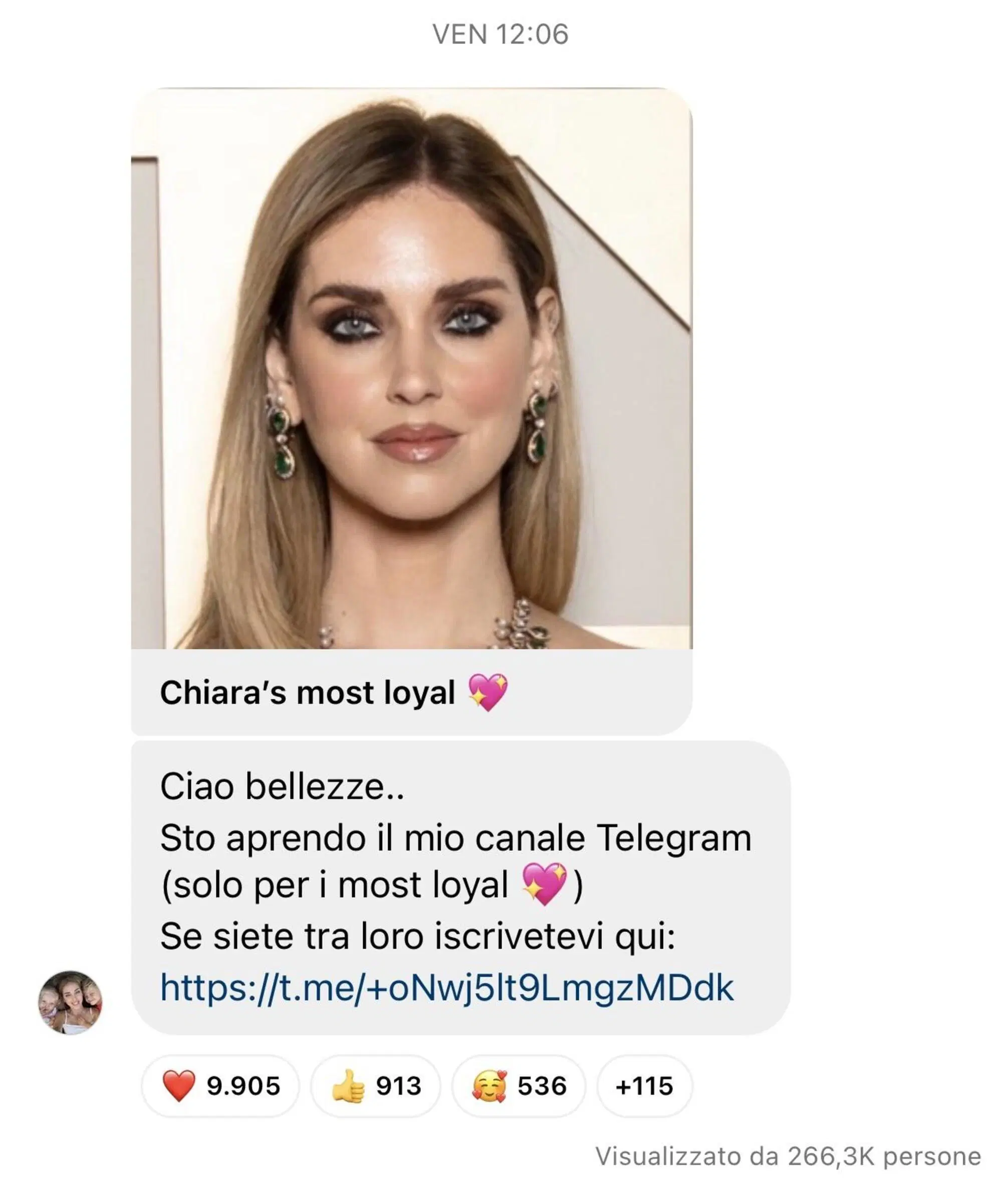 L'annuncio di Chiara Ferragni dell'apertura del canale Telegram