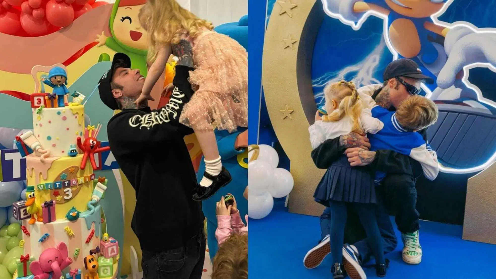 Fedez rispettivamente al compleanno della figlia Vittoria e a quello di Leone, fotografati sempre di spalle