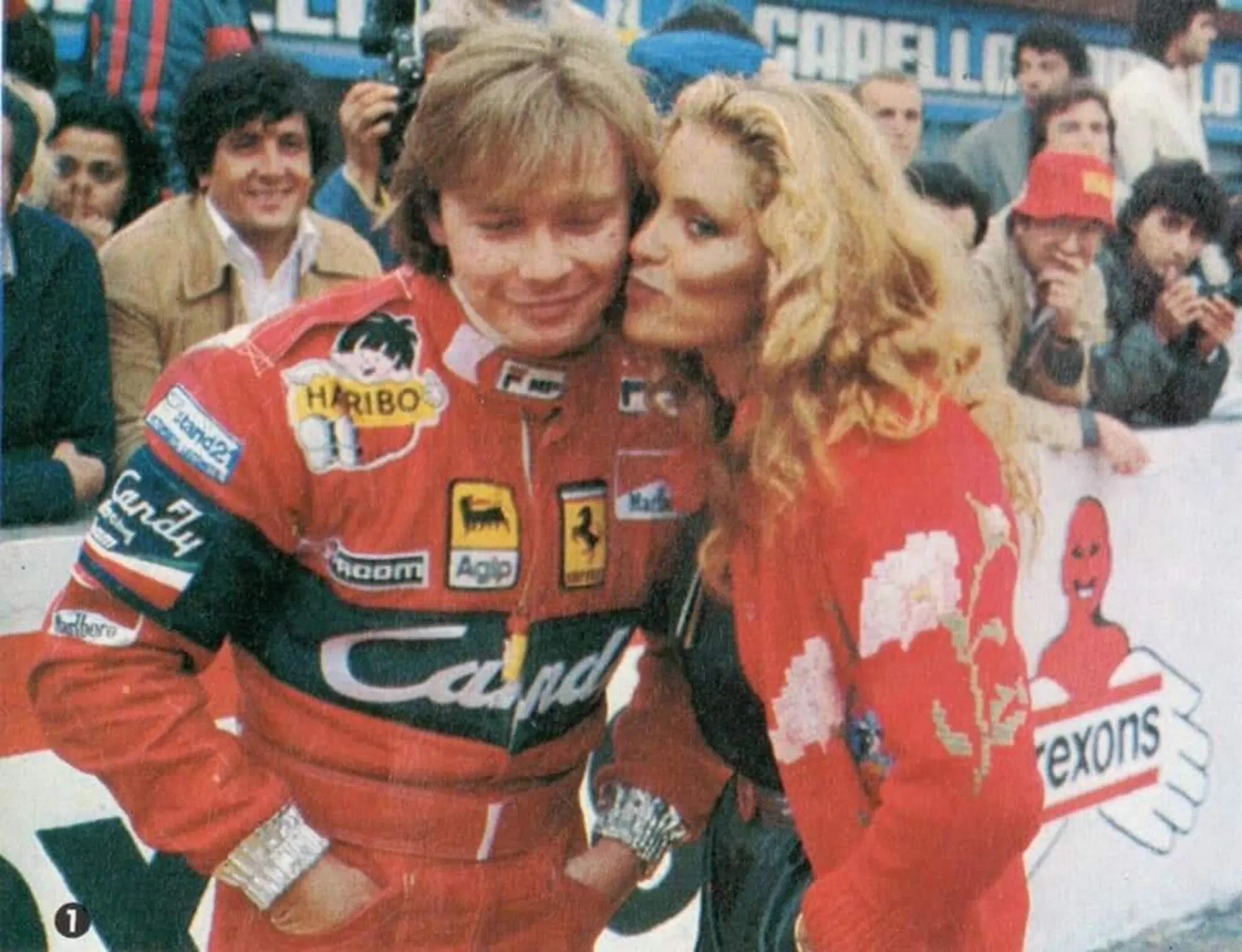 Eleonora Vallone con Didier Pironi prima di un Gran Premio di Formula 1 nel 1982