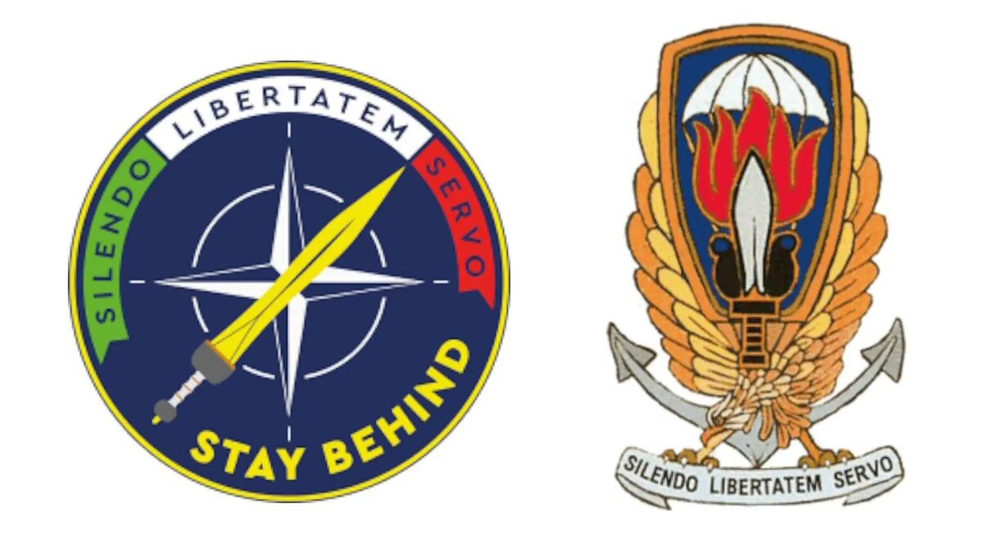 A sinistra il logo dell'associazione patriottica "Stay Behind" e a destra quello dell'organizzazione Gladio: notate qualcosa in comune l&igrave; in mezzo?