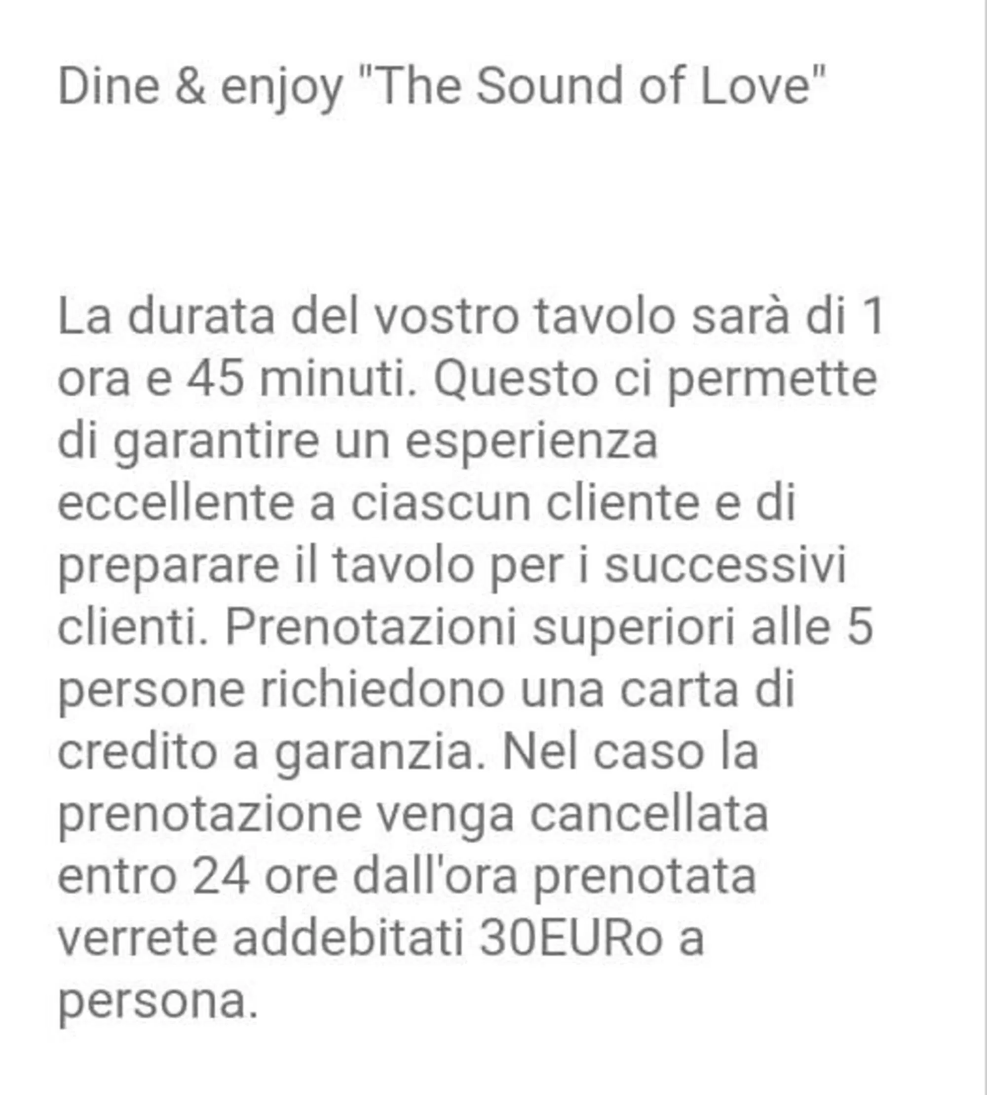 La conferma di prenotazione da Max Mariola che avvisa di una permanenza ridotta a 1 ora e 45 minuti