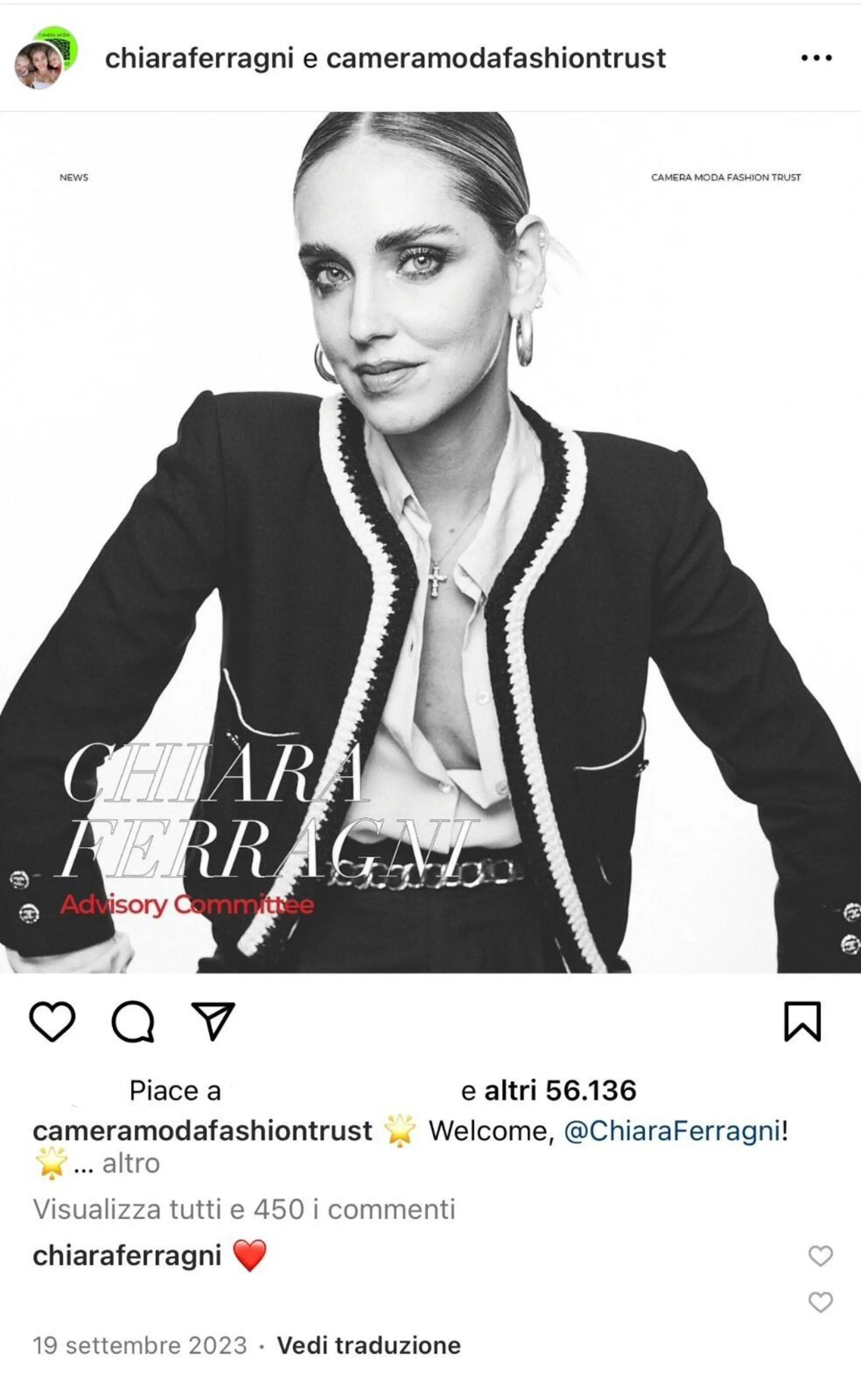 L'ultimo post di Camera Moda con la Ferragni