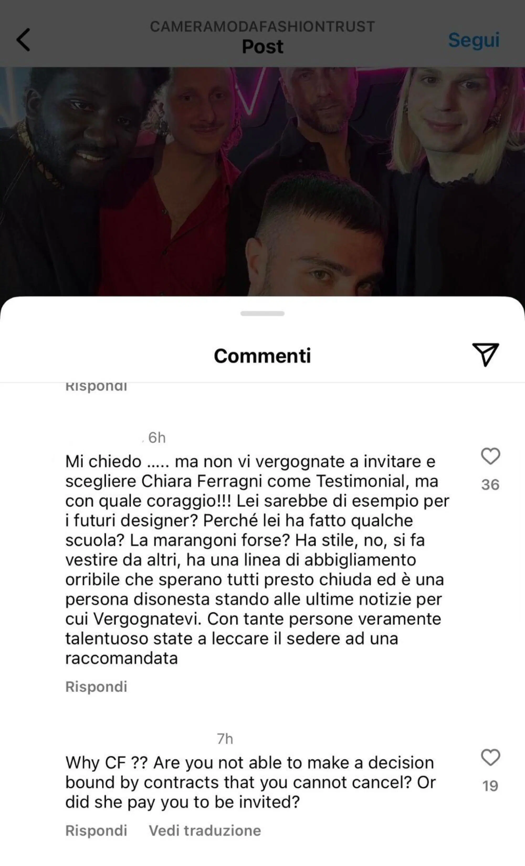 Gli insulti sotto l'ultimo post di Camera Moda