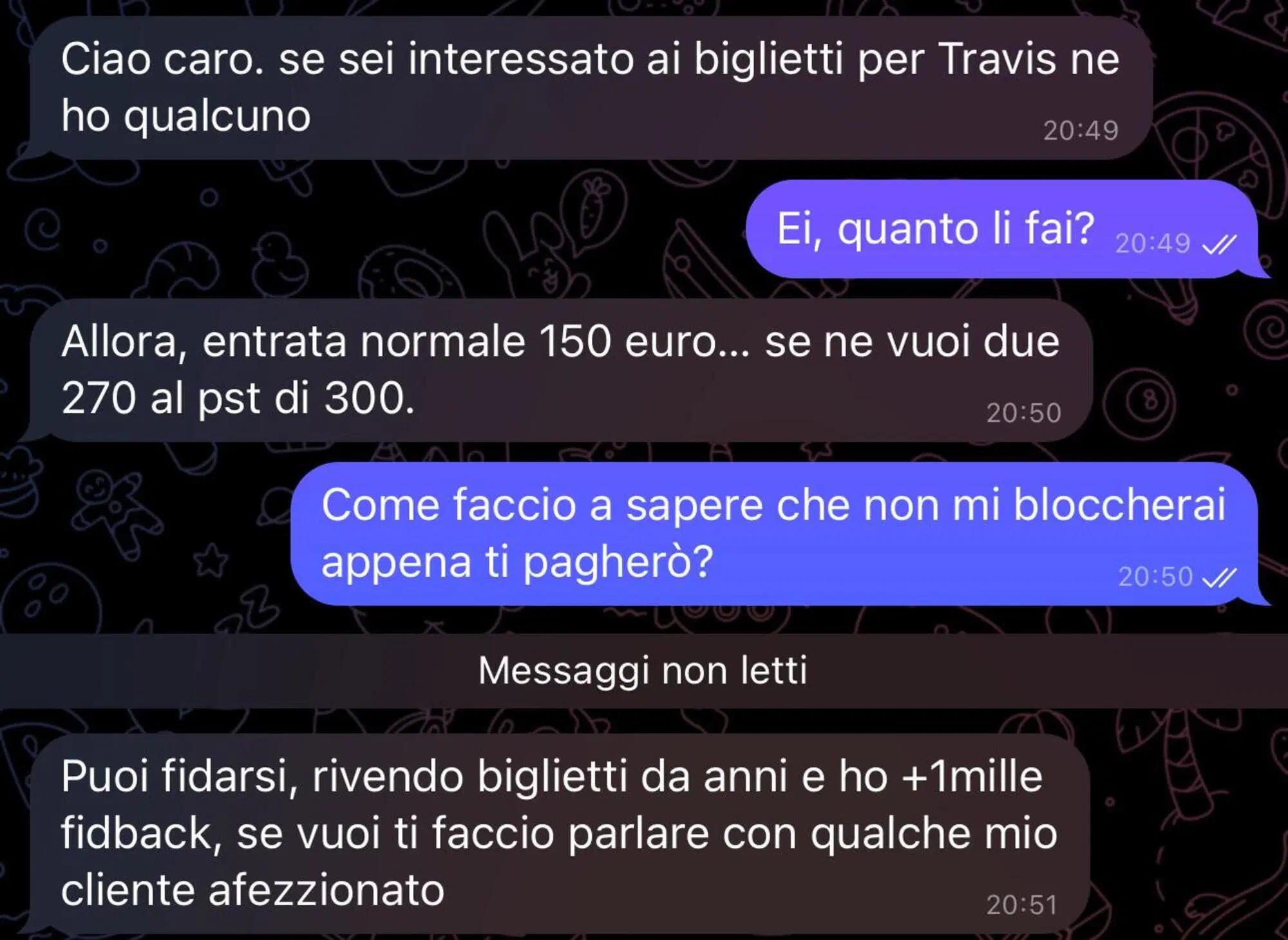 I messaggi del "bagarino" di biglietti di concerti (anche di Travis Scott) su Telegram