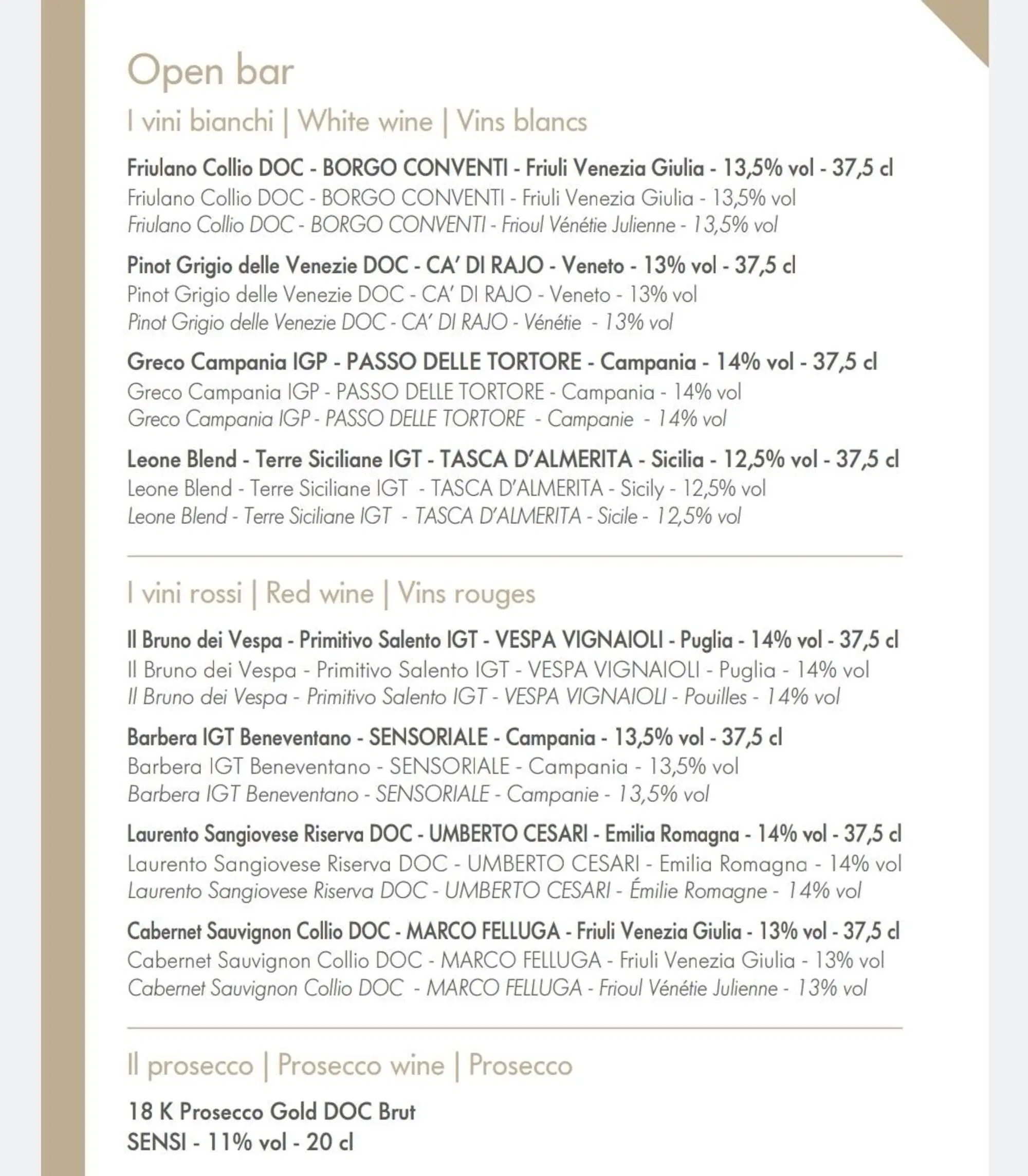 La carta dei vini del men&ugrave; Executive di Frecciarossa 