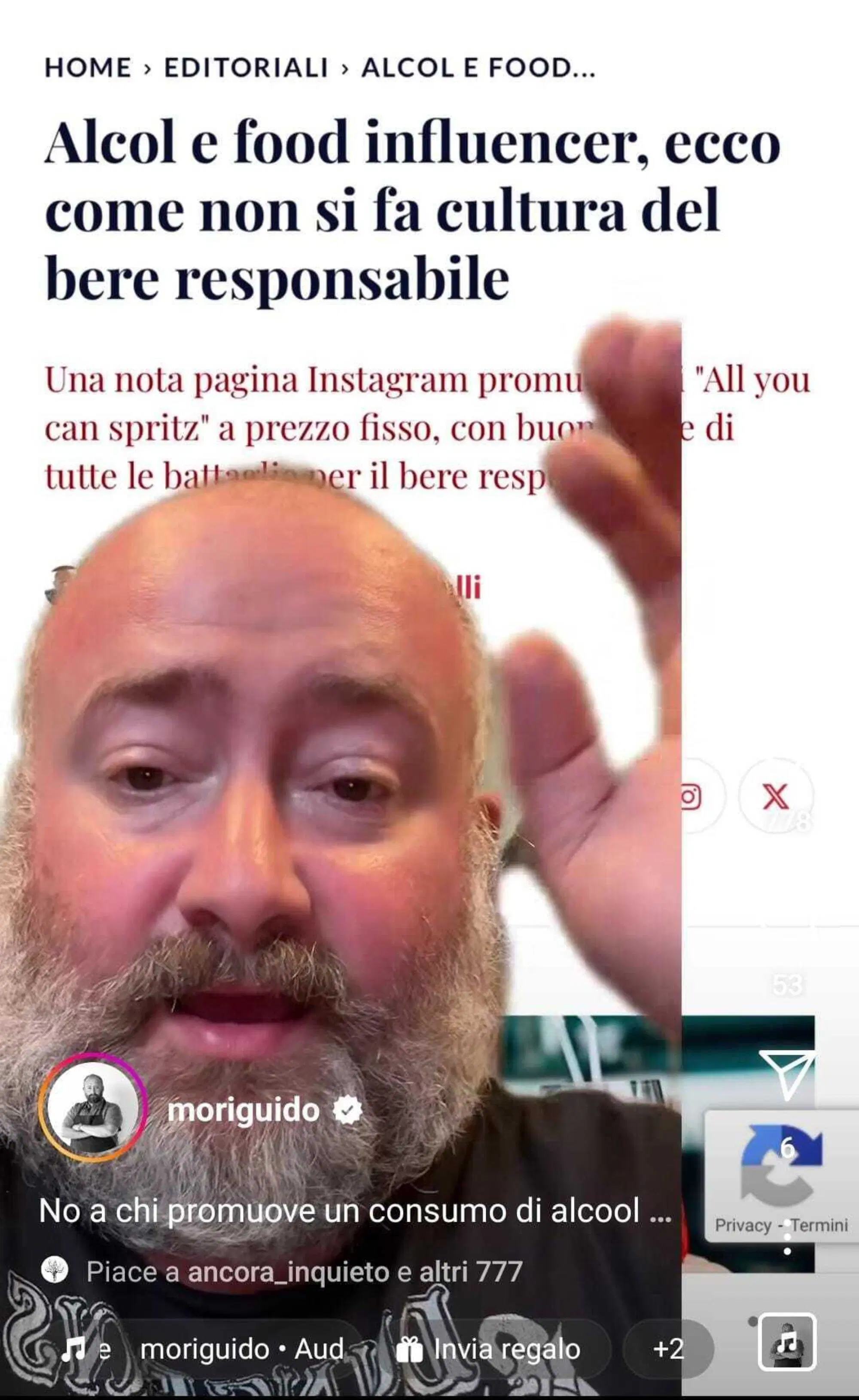 Il video di Guido Mori su Instagram, contro l'uso irresponsabile di alcolici