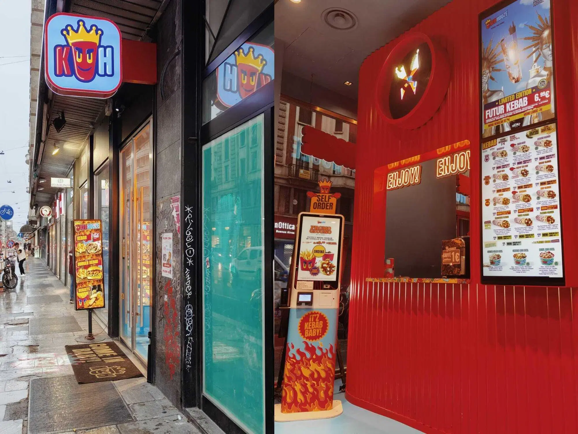 L'esterno di Kebhouze e una delle casse con la scritta "Enjoy! Enjoy!"