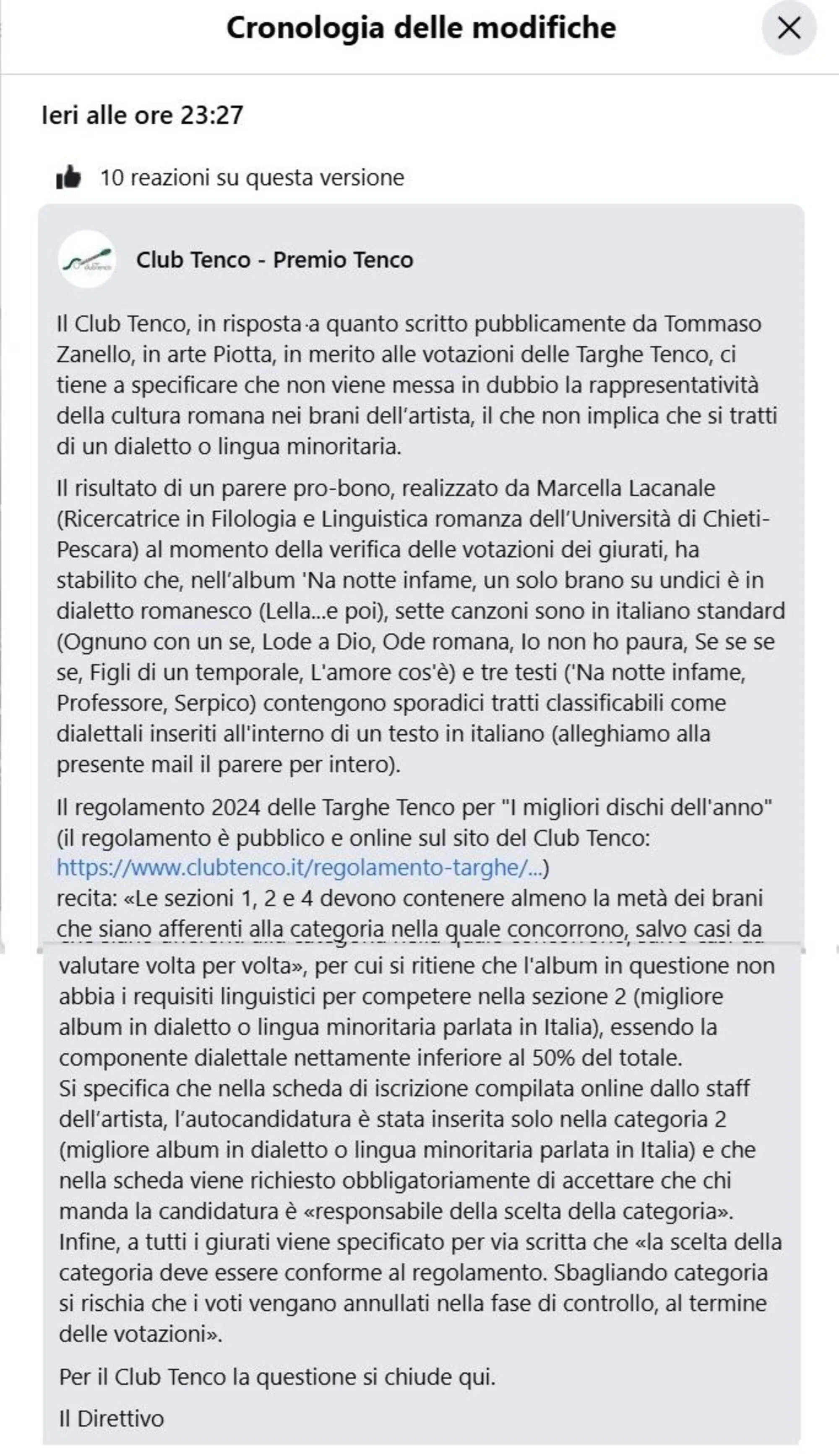 Il post del Club Tenco con la risposta basata sull'analisi della ricercatrice di Filologia e Linguistica Romanza dell&rsquo;Universit&agrave; di Chieti, Marcella Lacanale
