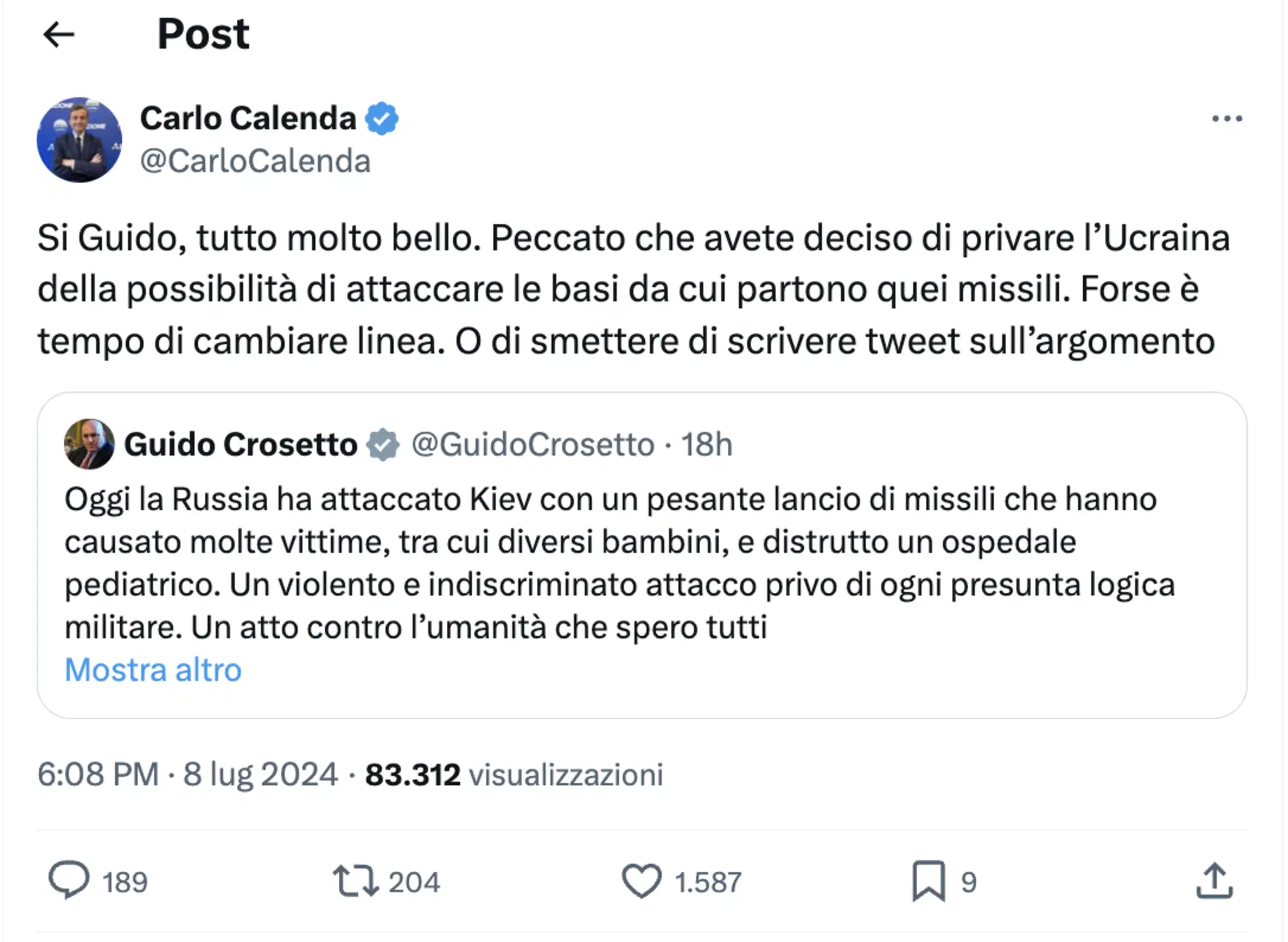 La risposta di Carlo Calenda al tweet di Guido Crosetto