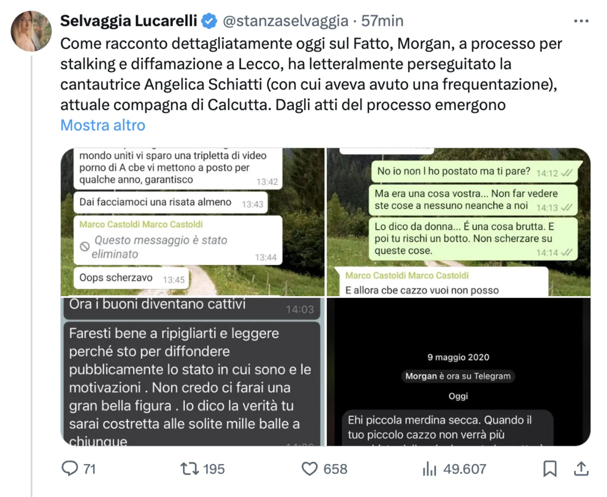 Il tweet di Selvaggia Lucarelli, che pubblica le chat del gruppo "InArteMorgan"