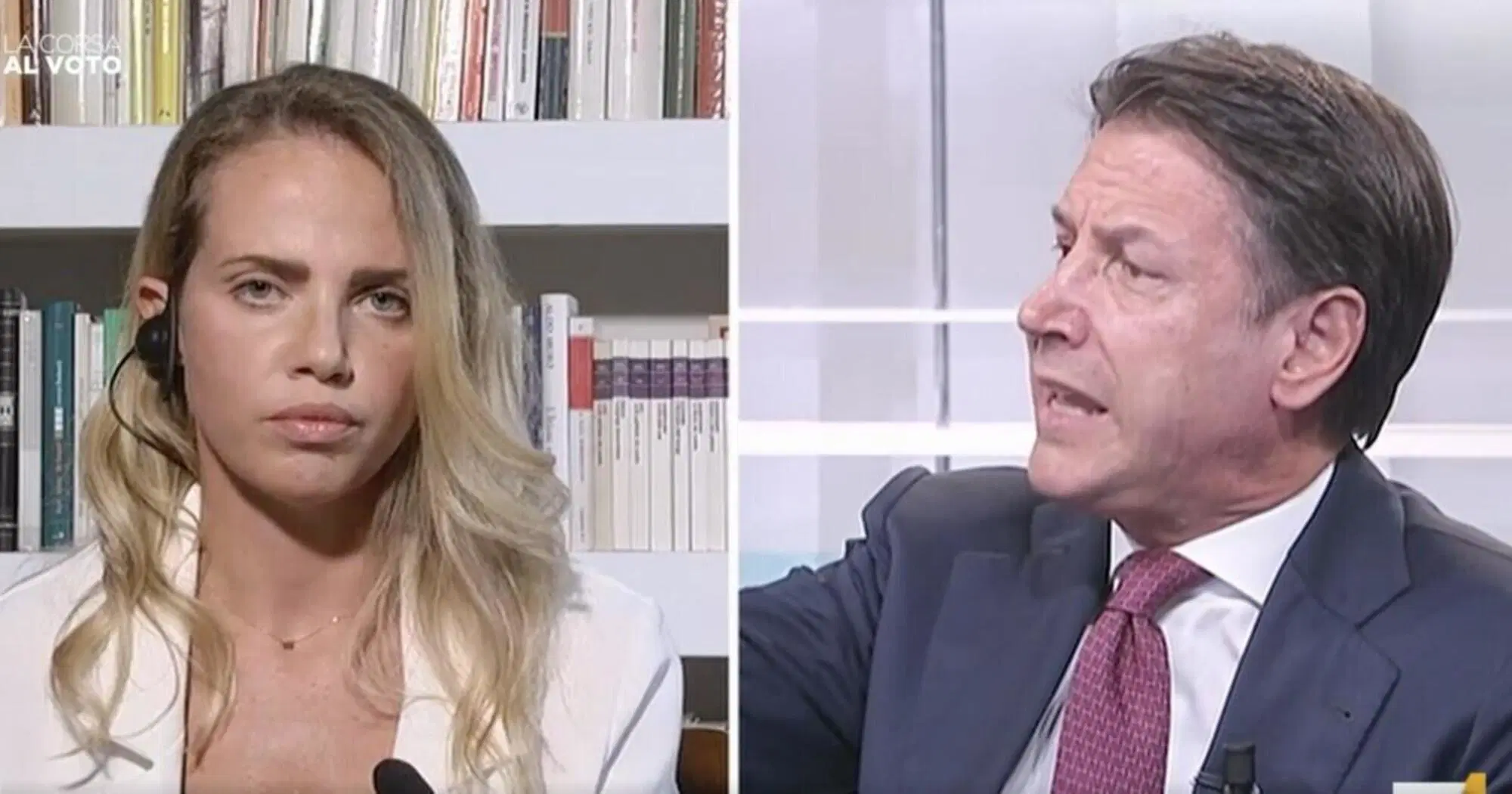 Silvia Sciorilli Borelli in collegamento su La7 in un dibattito con Giuseppe Conte