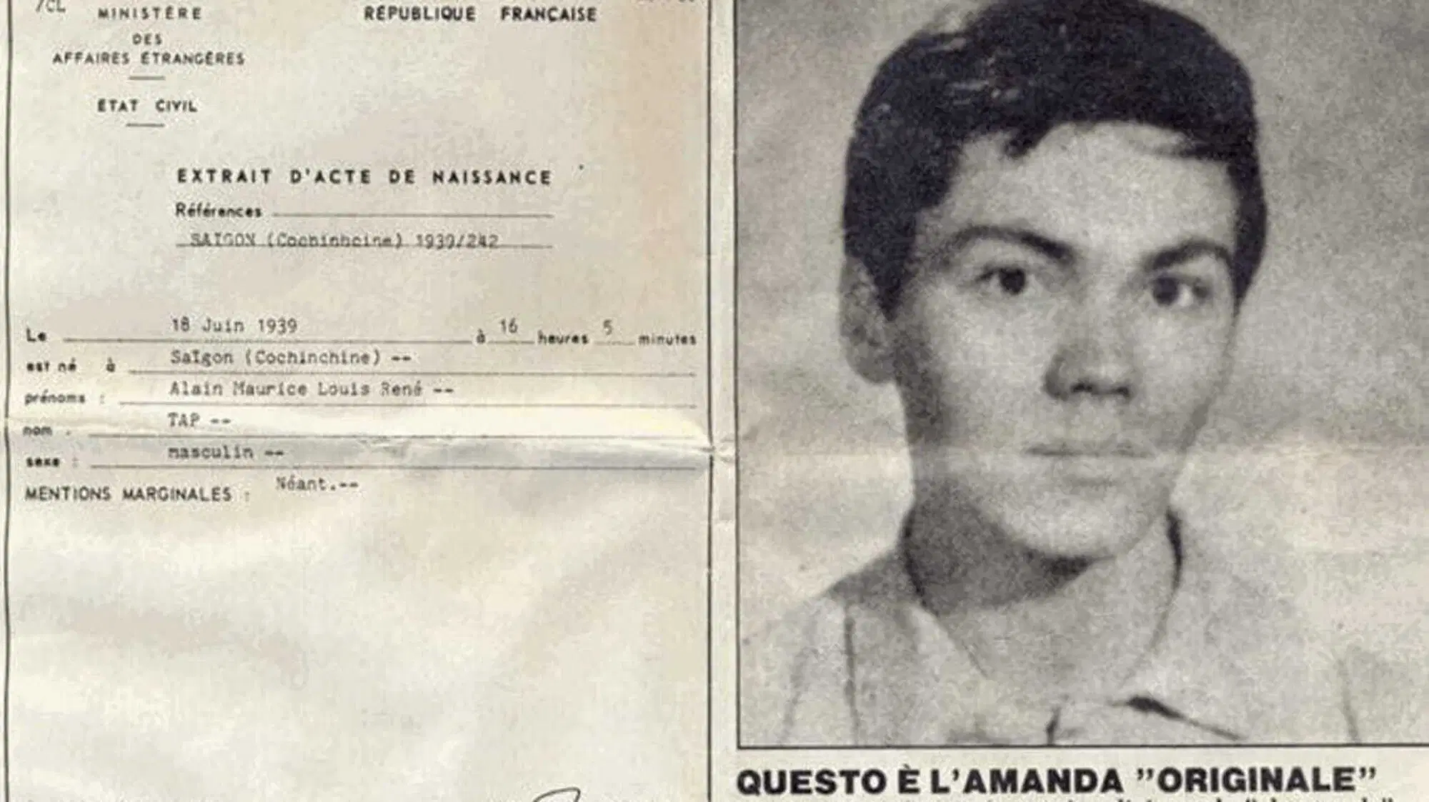 Il certificato di nascita di Alain Maurice Louis Ren&eacute; Tap il 18 giugno 1939