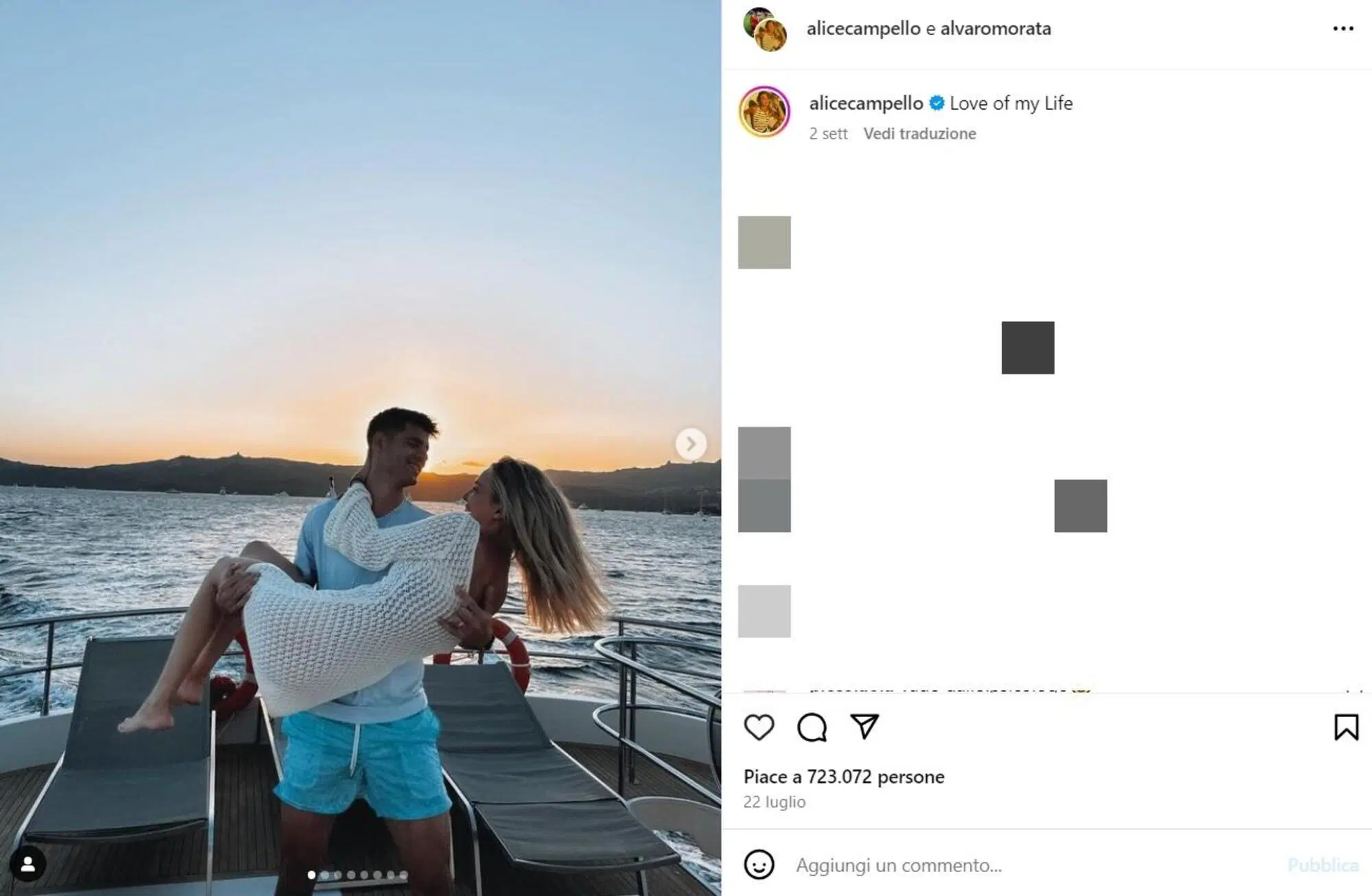 Il post in cui Alice Campello definisce Alvaro Morata "l'amore della mia vita"