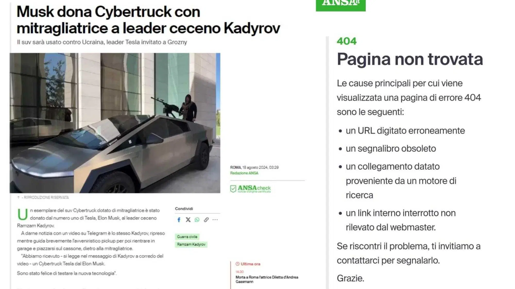 Articolo dell'Ansa del 18 agosto sul caso Musk - Tesla "donata" a Kadyrov (a sinistra) e l'errore 404 che appare invece oggi, cercando lo stesso articolo (a destra) dopo che &egrave; stato cancellato