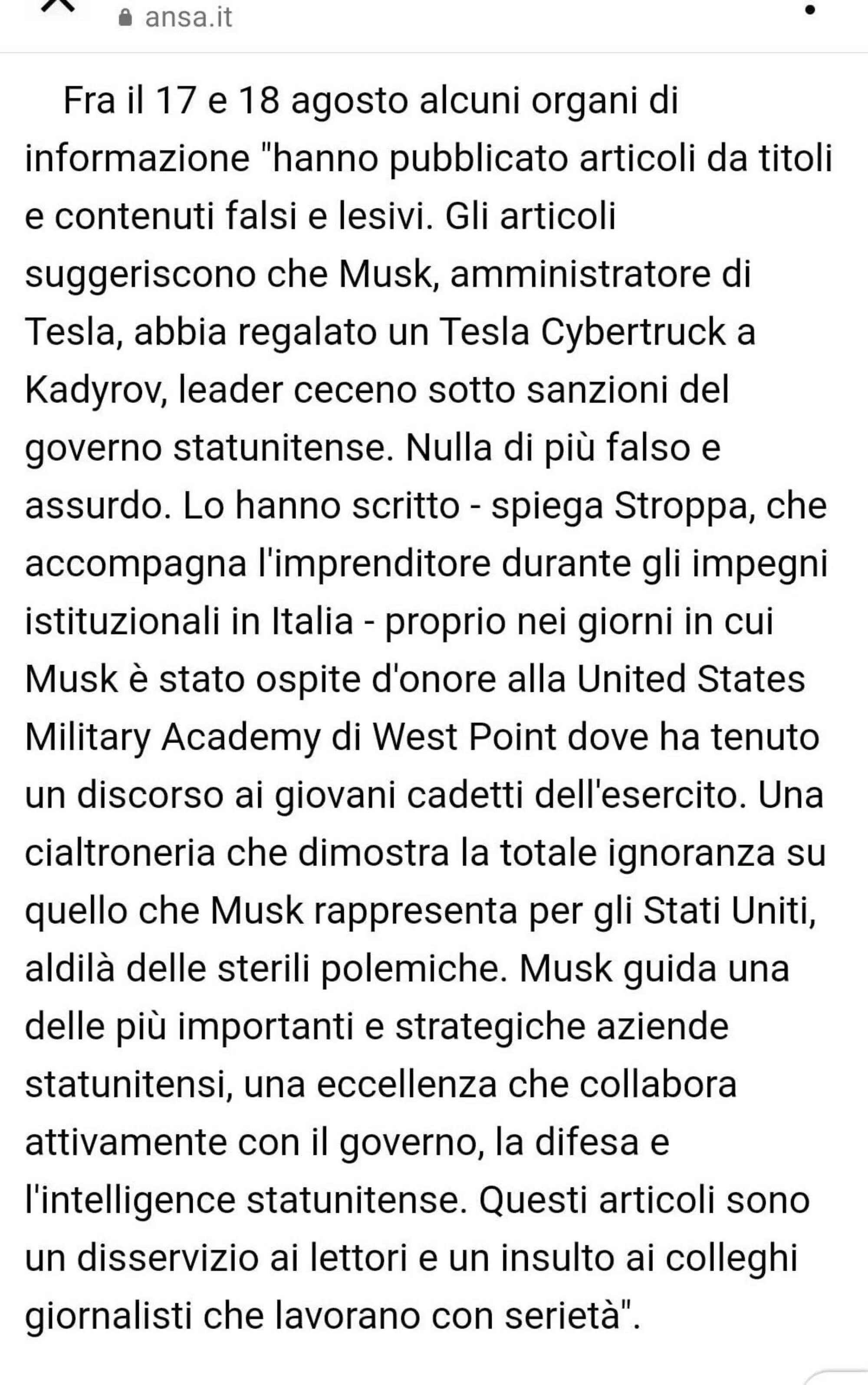 L'articolo di rettifica di Ansa, dopo l'errore